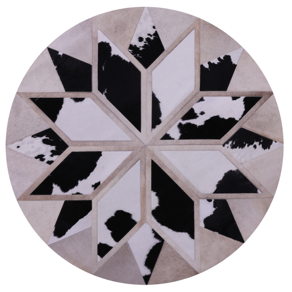 Black & White Round Star Natural Cowhide Hand Stitched Patchwork Rug - 4' 0" X 4' 0" - Golden Nile