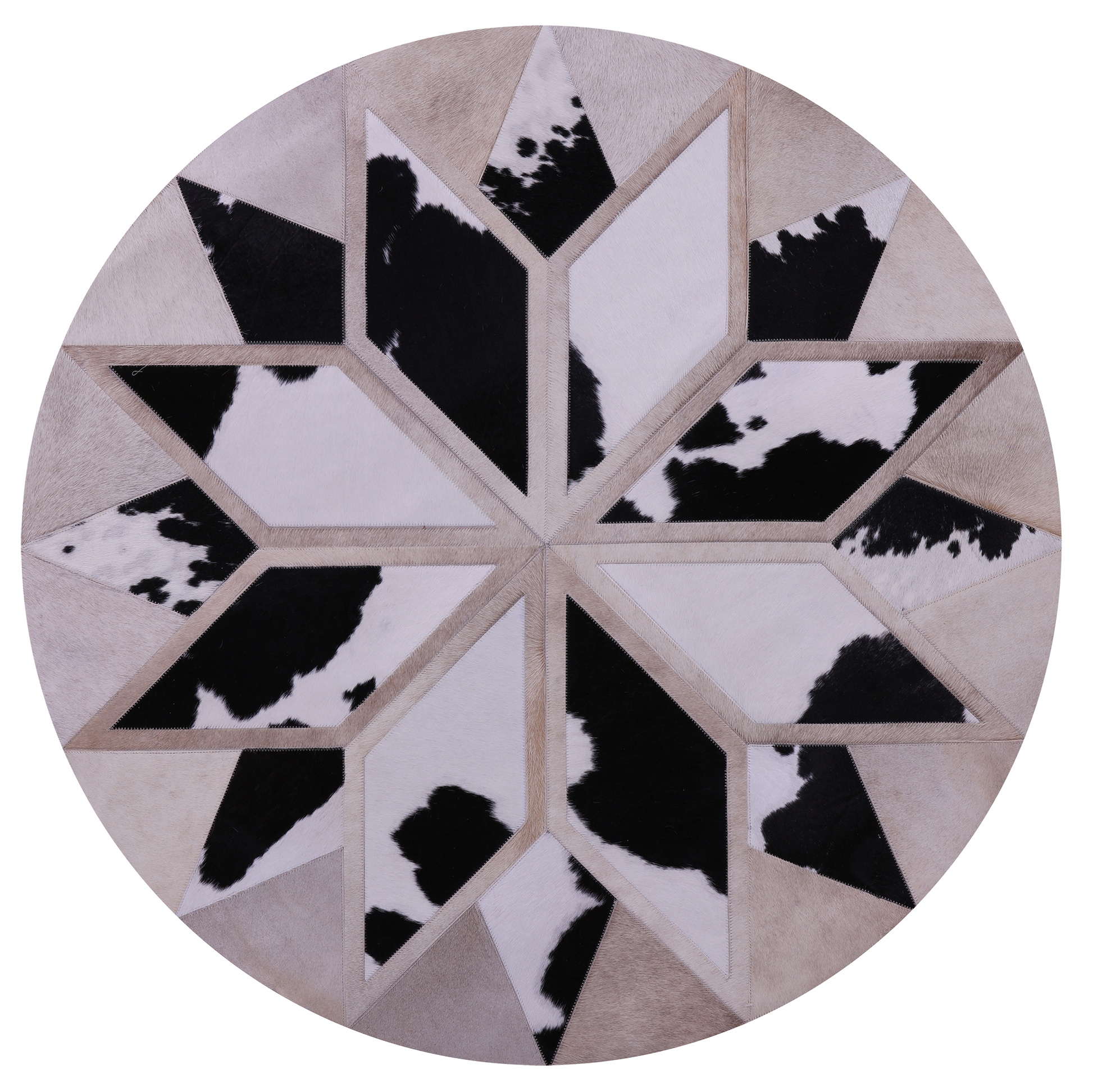 Black & White Round Star Natural Cowhide Hand Stitched Patchwork Rug - 4' 0" X 4' 0" - Golden Nile