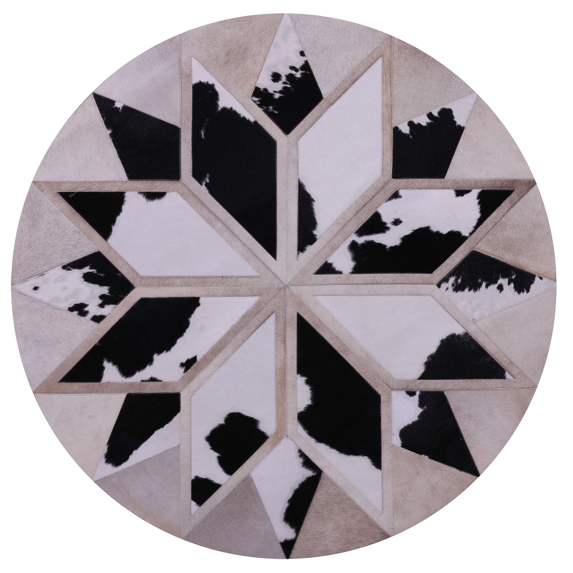 Black & White Round Star Natural Cowhide Hand Stitched Patchwork Rug - 4' 0" X 4' 0" - Golden Nile