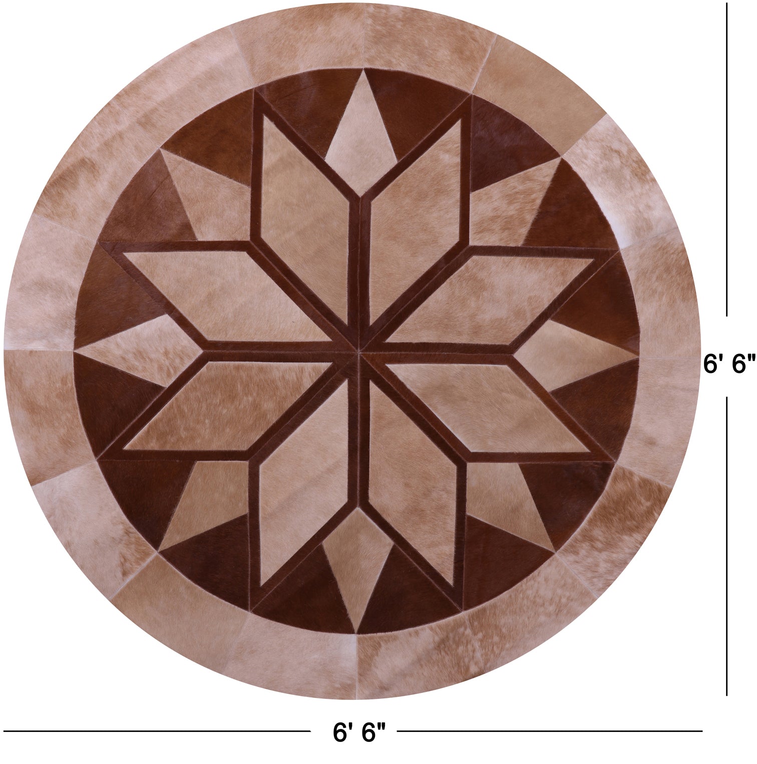 Brown Round Star Natural Cowhide Hand Stitched Patchwork Rug - 6' 6" X 6' 6" - Golden Nile