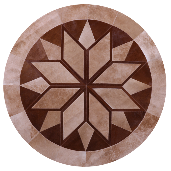 Brown Round Star Natural Cowhide Hand Stitched Patchwork Rug - 6' 6" X 6' 6" - Golden Nile