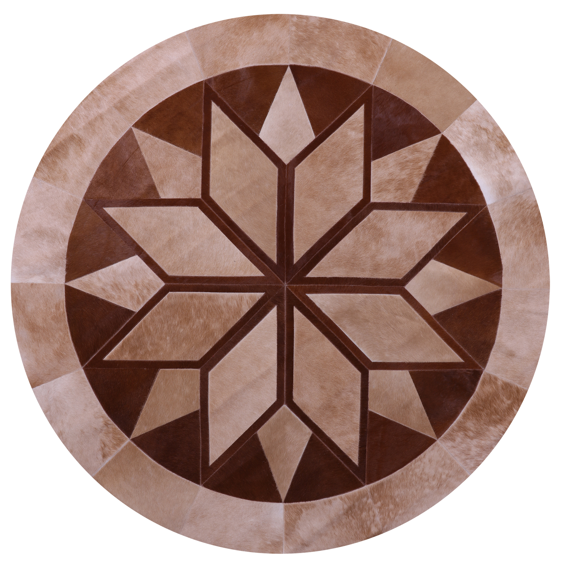 Brown Round Star Natural Cowhide Hand Stitched Patchwork Rug - 6' 6" X 6' 6" - Golden Nile