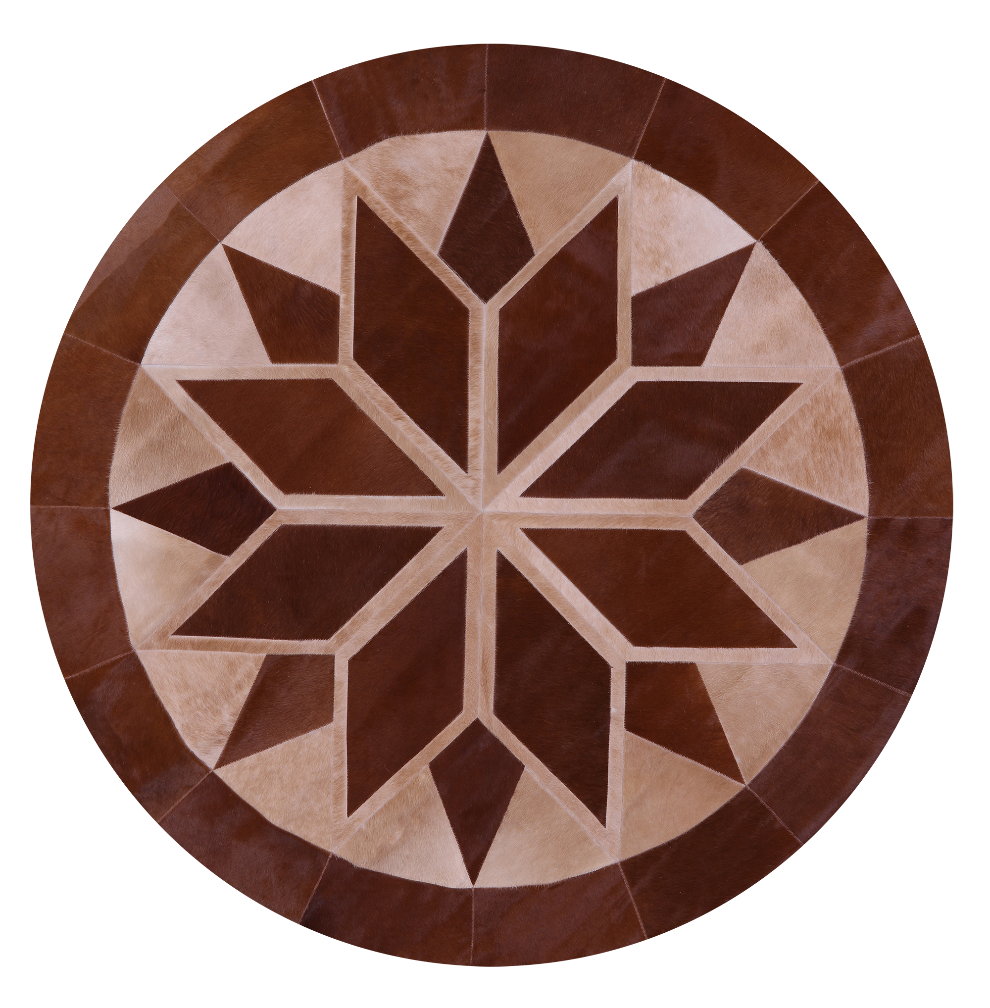 Brown Round Star Natural Cowhide Hand Stitched Patchwork Rug - 6' 6" X 6' 6" - Golden Nile