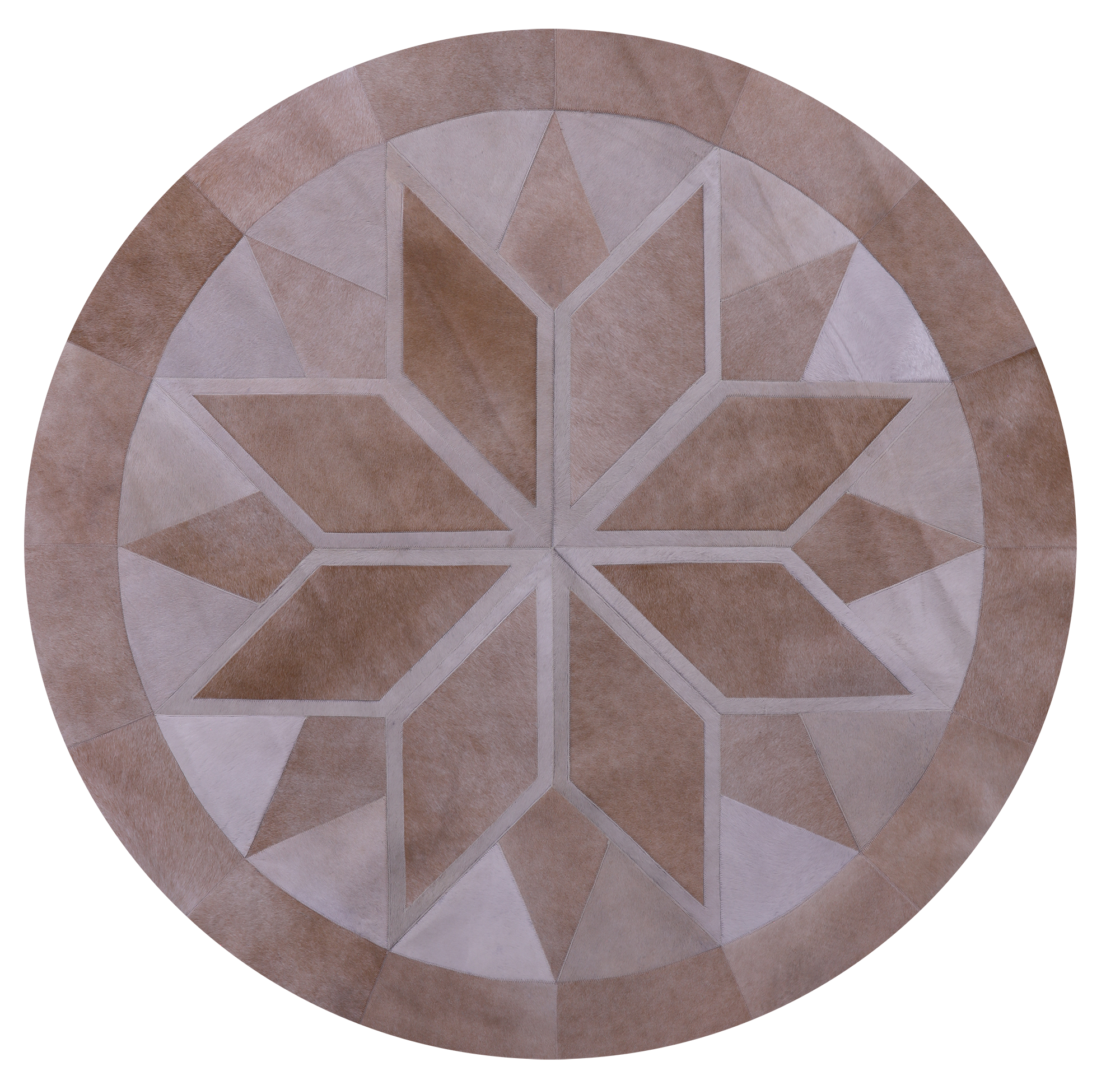 Brown Round Star Natural Cowhide Hand Stitched Patchwork Rug - 6' 6" X 6' 6" - Golden Nile