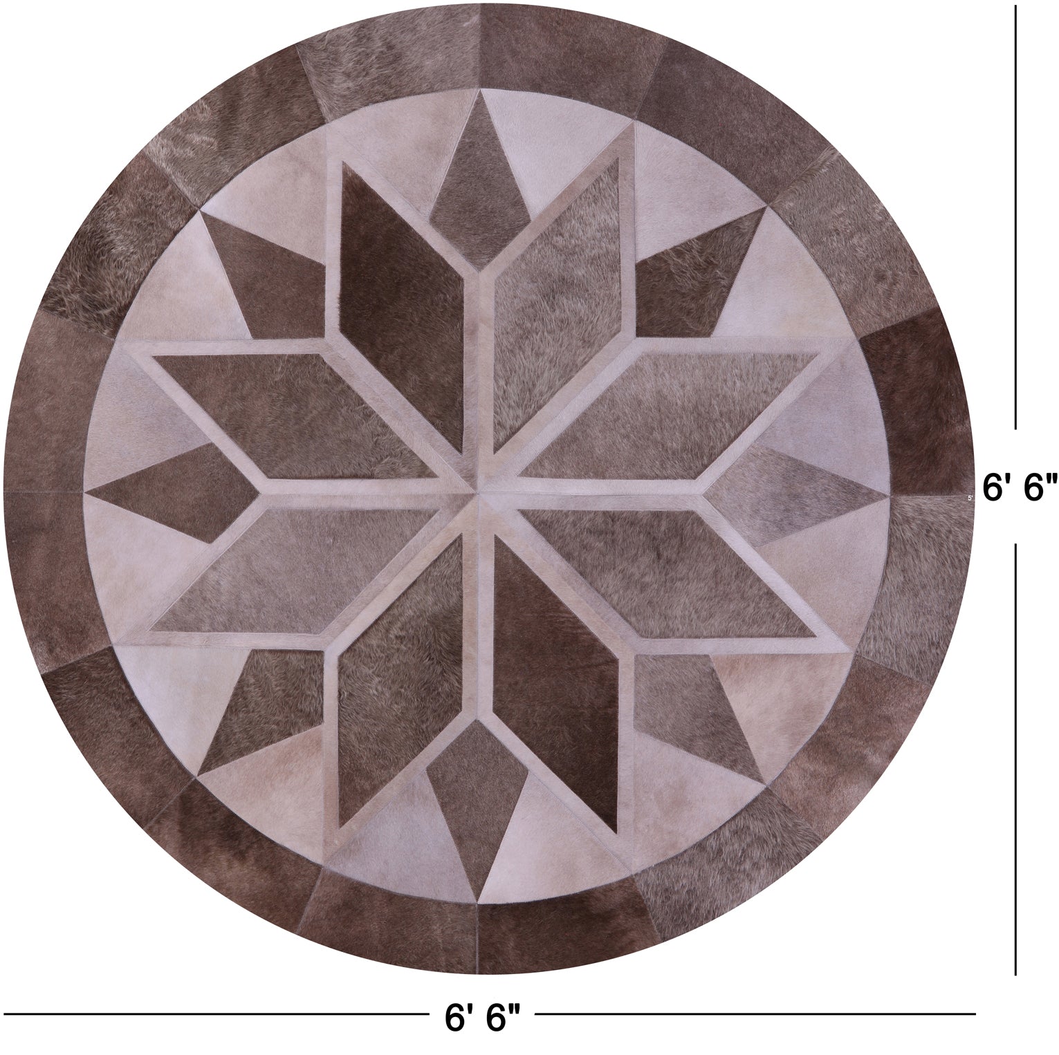 Brown Round Star Natural Cowhide Hand Stitched Patchwork Rug - 6' 6" X 6' 6" - Golden Nile
