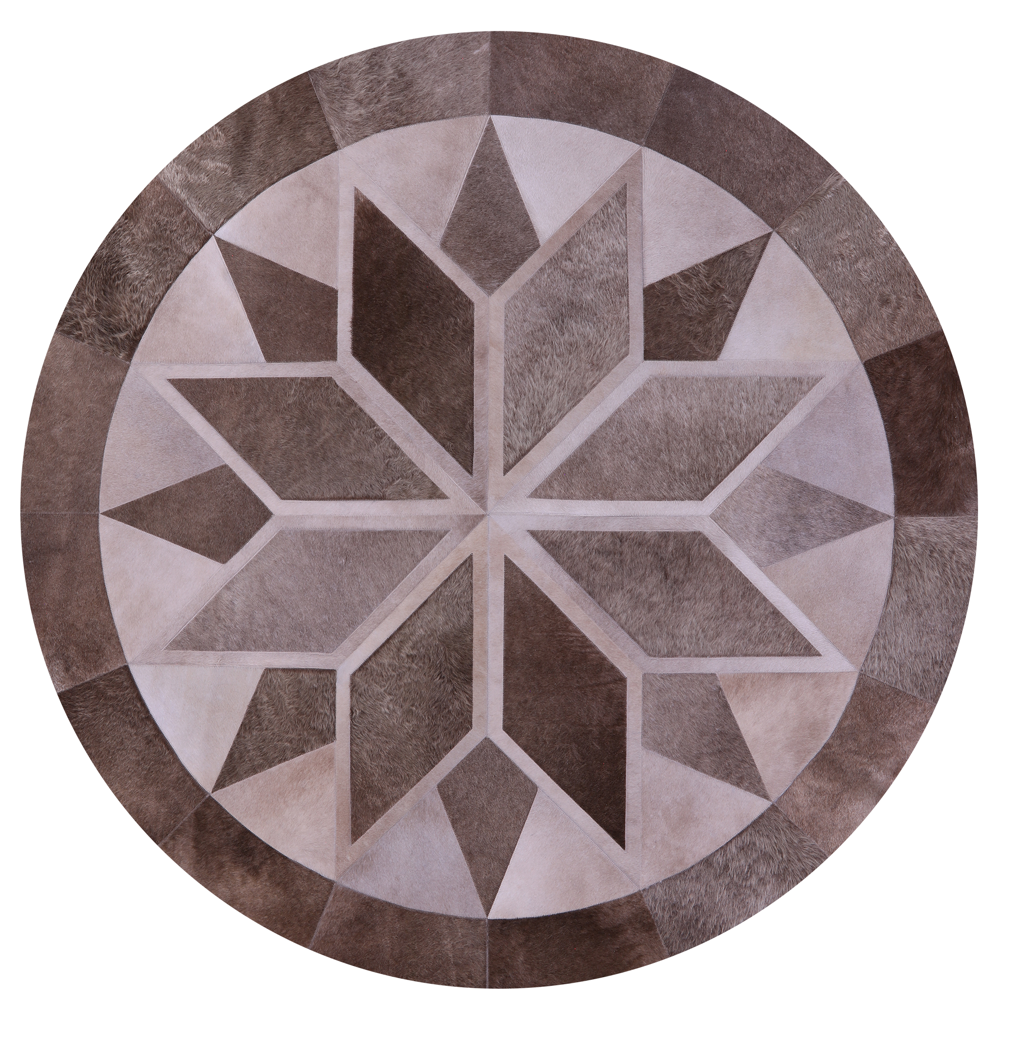 Brown Round Star Natural Cowhide Hand Stitched Patchwork Rug - 6' 6" X 6' 6" - Golden Nile