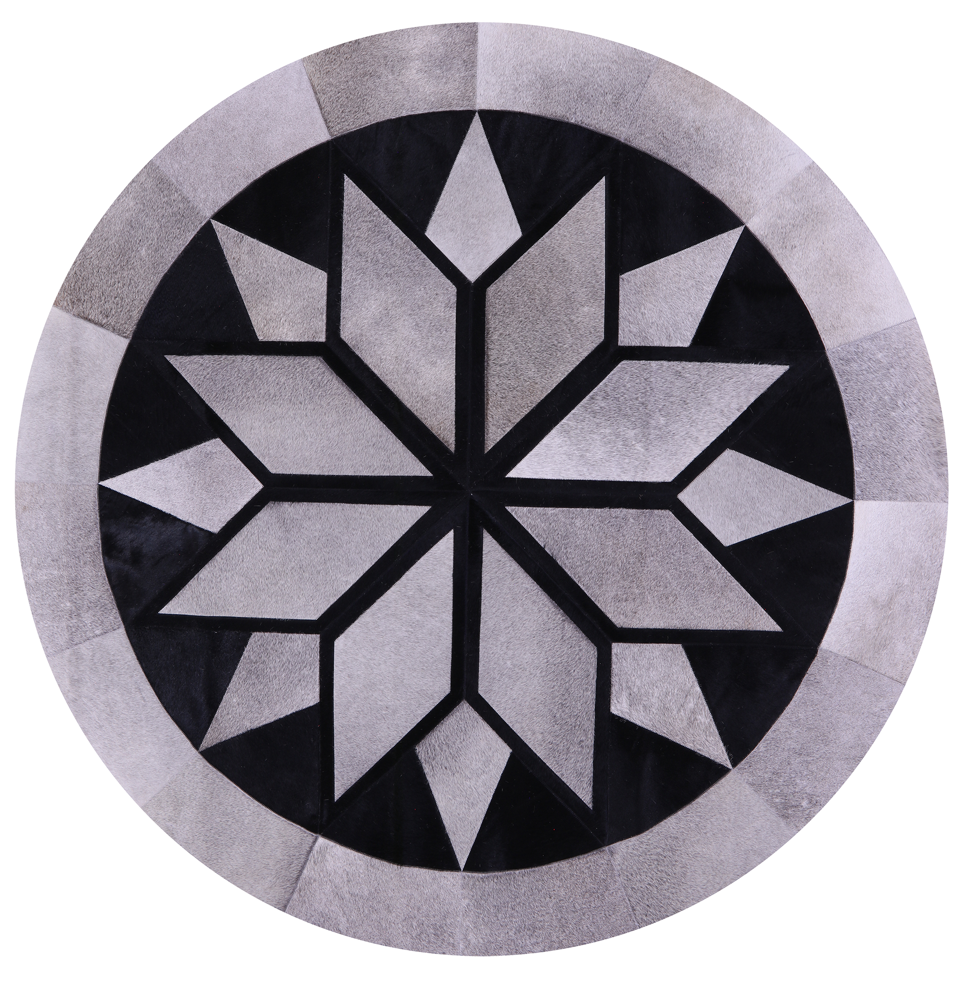 Grey & Black Round Star Natural Cowhide Hand Stitched Patchwork Rug - 6' 6" X 6' 6" - Golden Nile