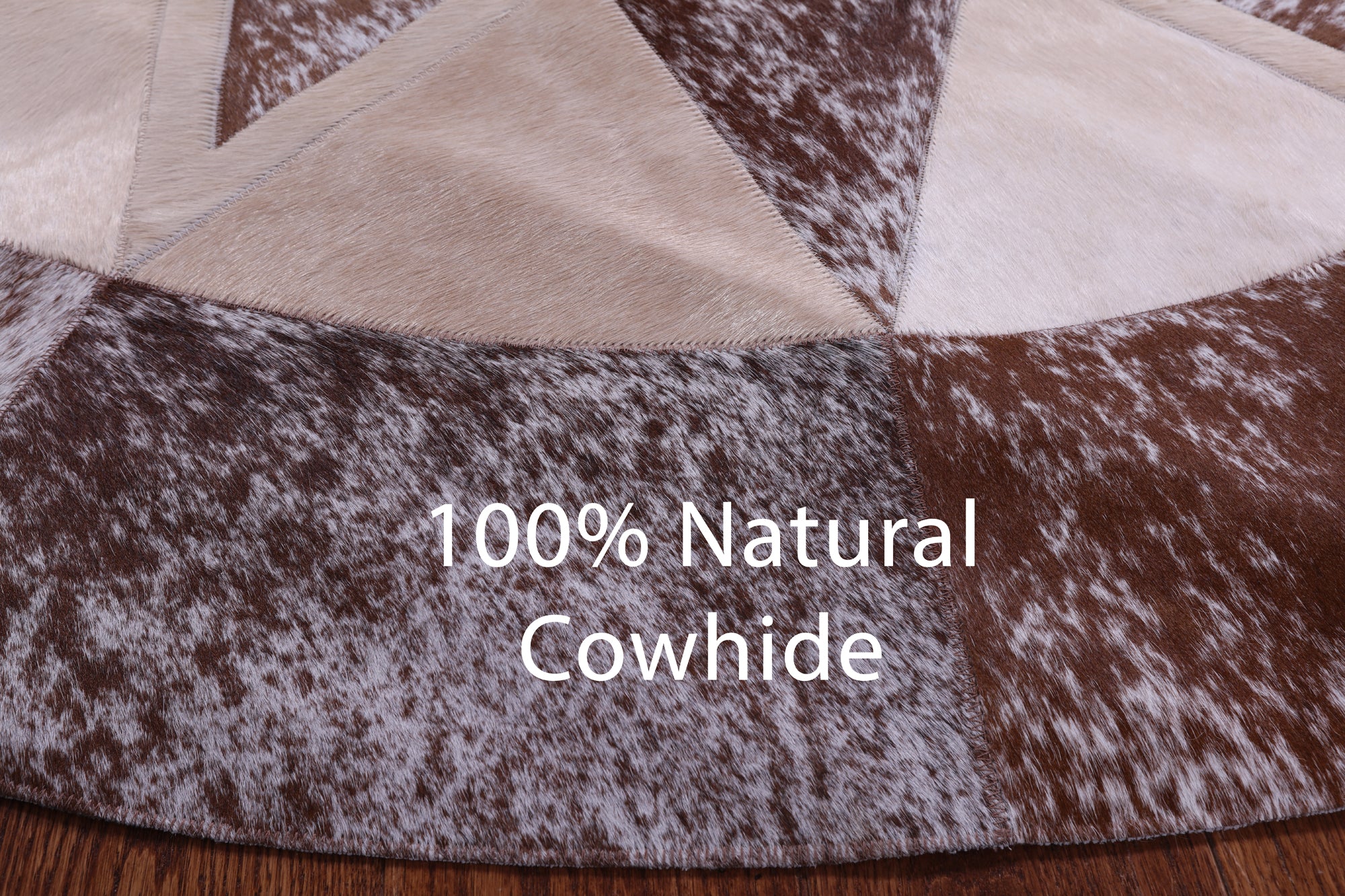Brown Salt & Pepper Round Star Natural Cowhide Hand Stitched Patchwork Rug - 6' 7" X 6' 7" - Golden Nile