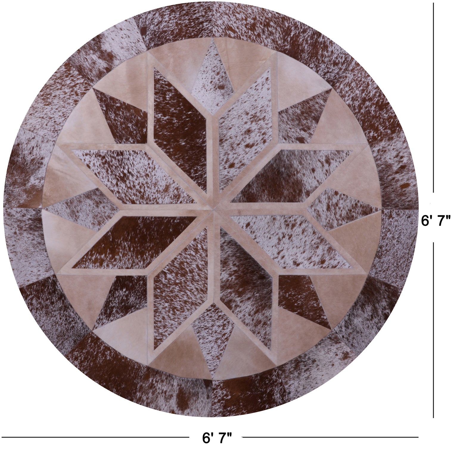 Brown Salt & Pepper Round Star Natural Cowhide Hand Stitched Patchwork Rug - 6' 7" X 6' 7" - Golden Nile