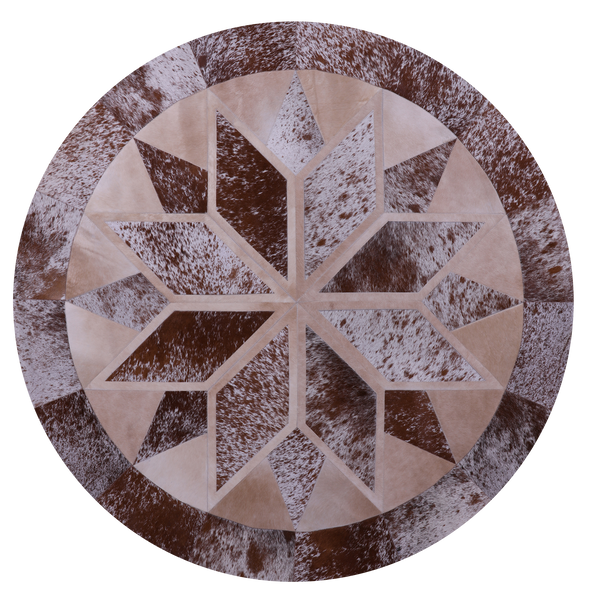 Brown Salt & Pepper Round Star Natural Cowhide Hand Stitched Patchwork Rug - 6' 7" X 6' 7" - Golden Nile