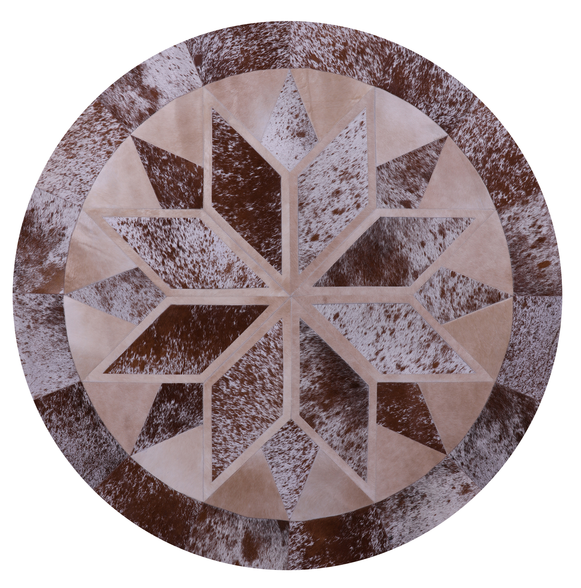 Brown Salt & Pepper Round Star Natural Cowhide Hand Stitched Patchwork Rug - 6' 7" X 6' 7" - Golden Nile