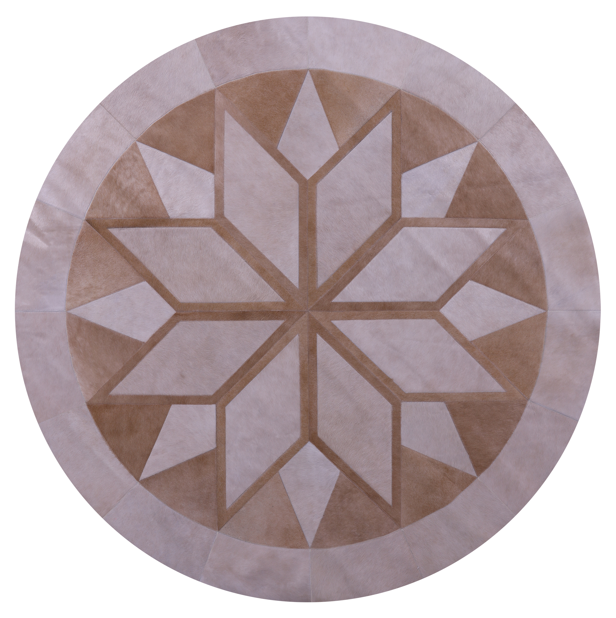 Brown Round Star Natural Cowhide Hand Stitched Patchwork Rug - 6' 7" X 6' 7" - Golden Nile