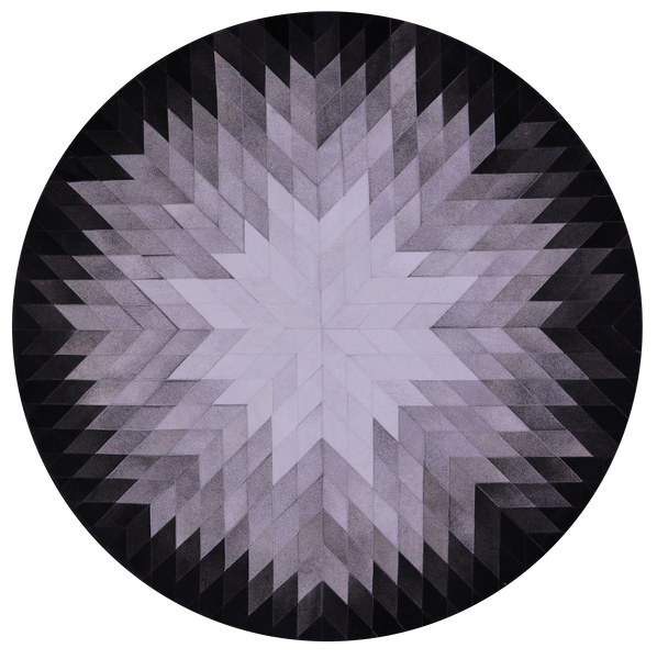 Black & White Round Star Natural Cowhide Hand Stitched Patchwork Rug - 6' 7" X 6' 7" - Golden Nile
