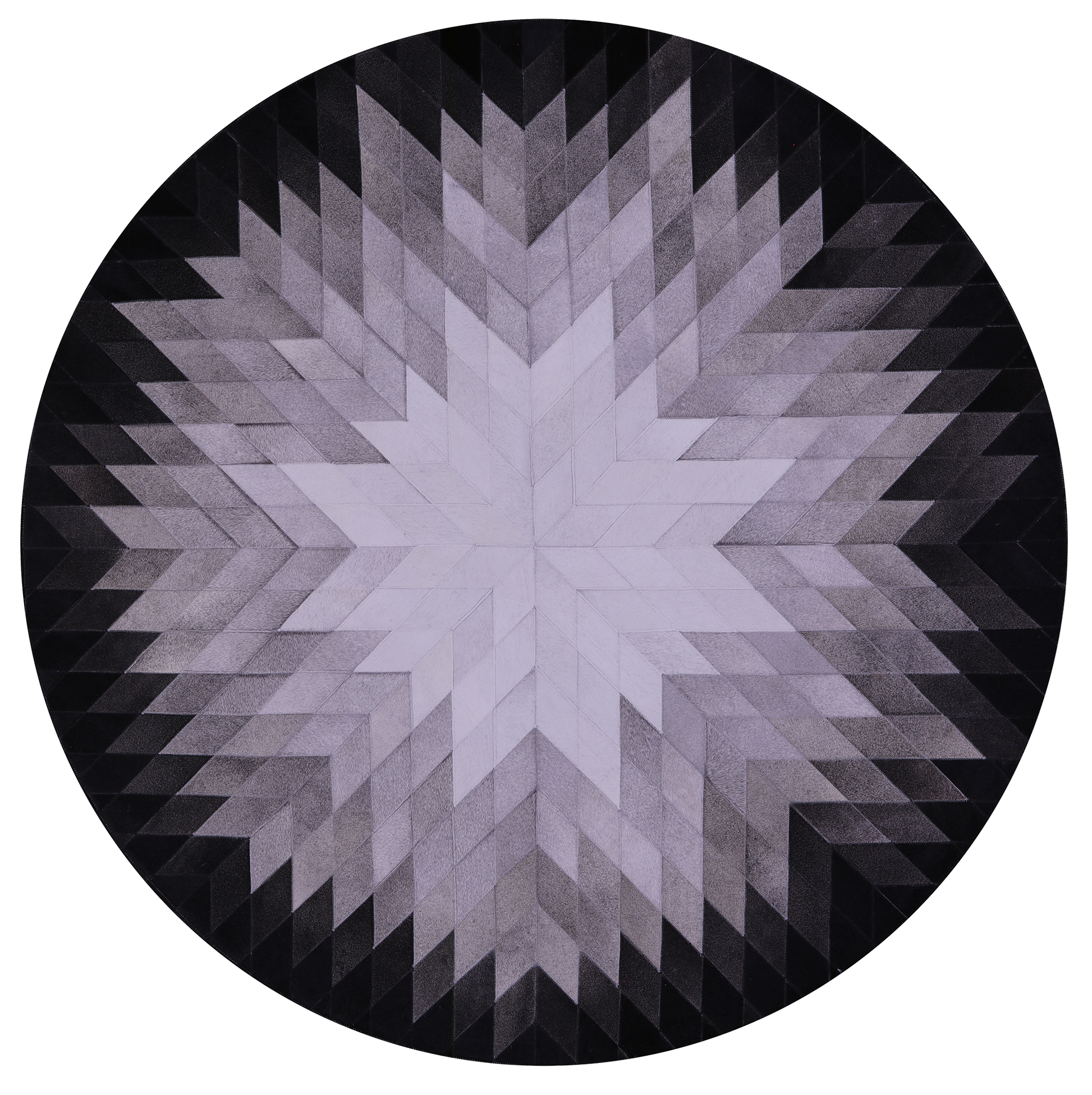 Black & White Round Star Natural Cowhide Hand Stitched Patchwork Rug - 6' 7" X 6' 7" - Golden Nile