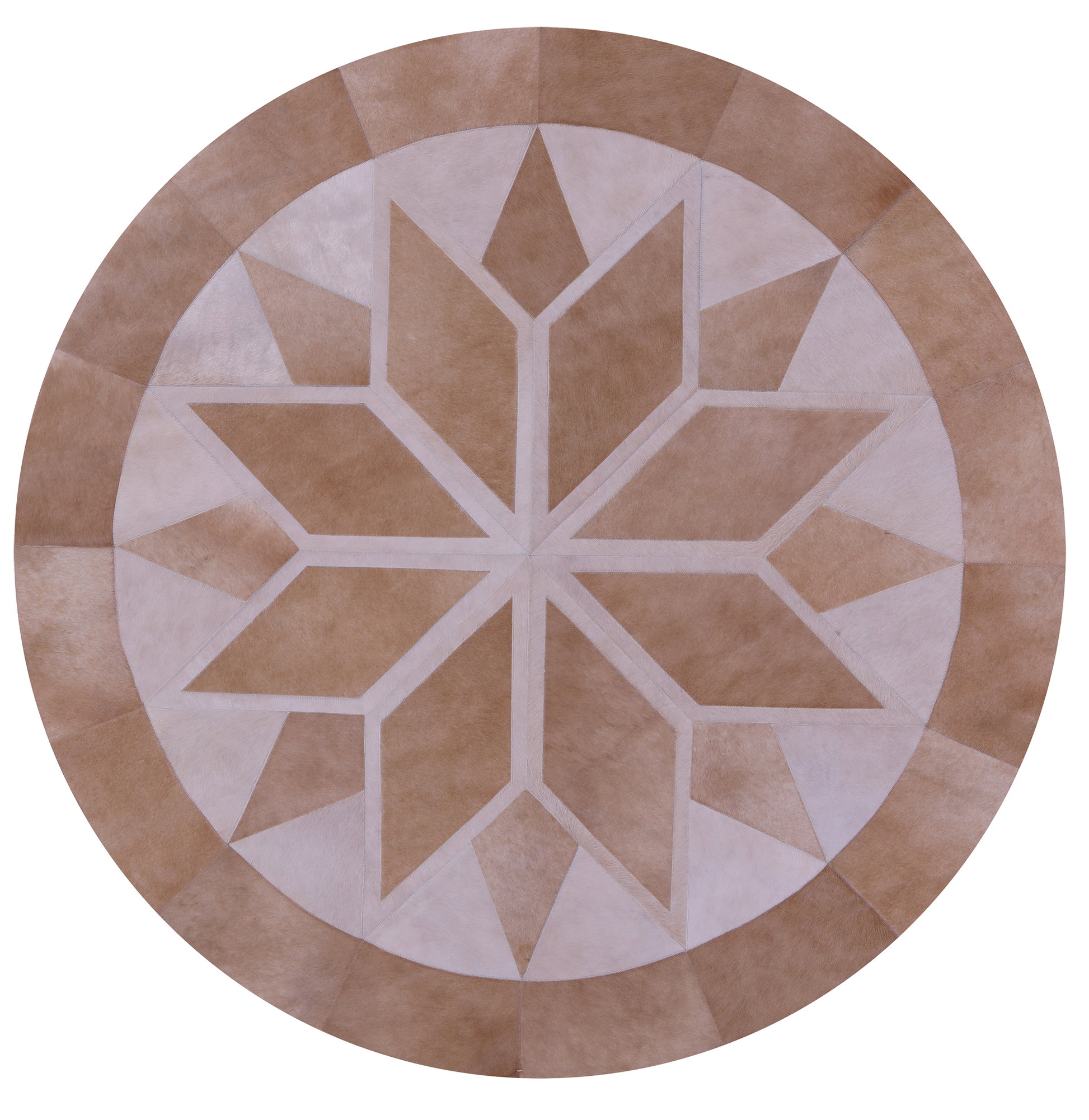 Brown Round Star Natural Cowhide Hand Stitched Patchwork Rug - 6' 6" X 6' 6" - Golden Nile