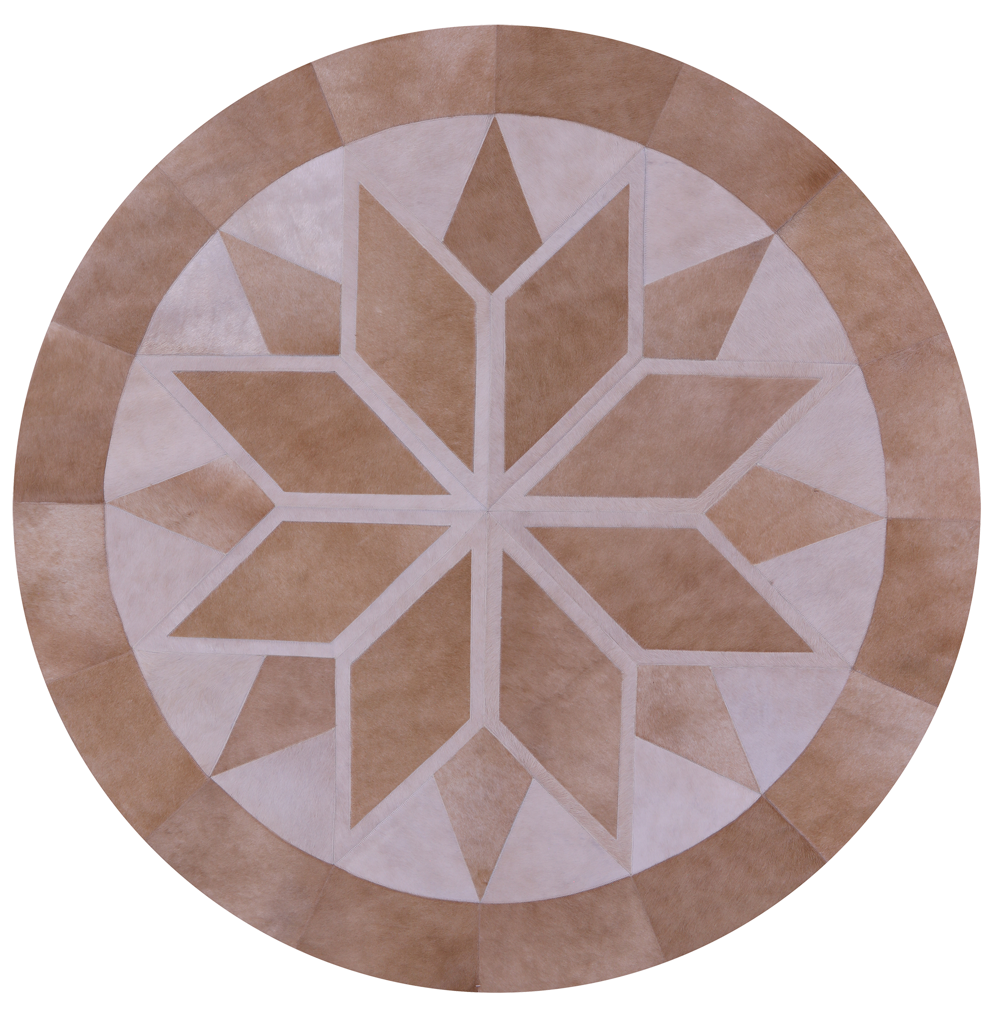 Brown Round Star Natural Cowhide Hand Stitched Patchwork Rug - 6' 6" X 6' 6" - Golden Nile