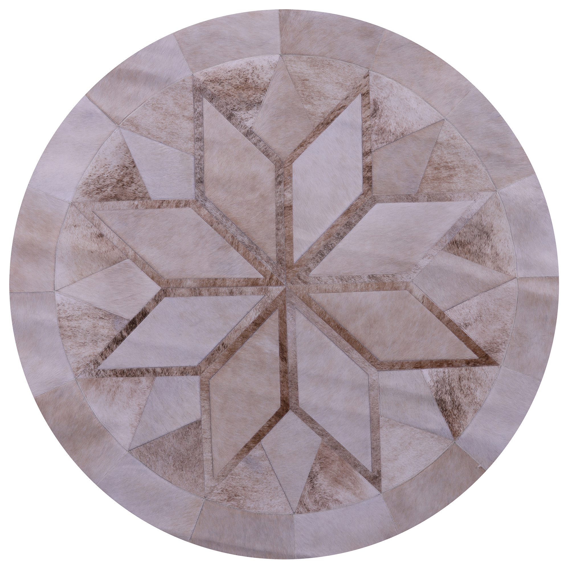 Brown Round Star Natural Cowhide Hand Stitched Patchwork Rug - 5' 0" X 5' 0" - Golden Nile