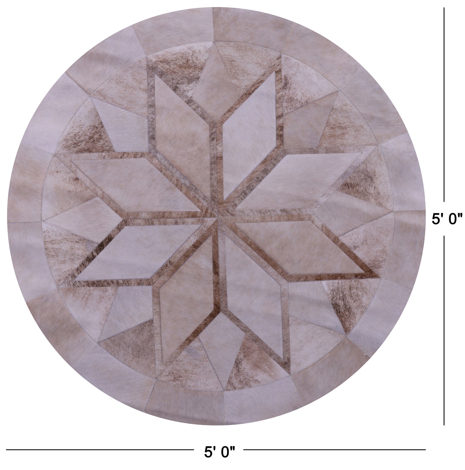 Brown Round Star Natural Cowhide Hand Stitched Patchwork Rug - 5' 0" X 5' 0" - Golden Nile