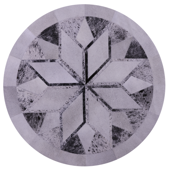 Black Salt & Pepper Round Star Natural Cowhide Hand Stitched Patchwork Rug - 5' 0" X 5' 0" - Golden Nile