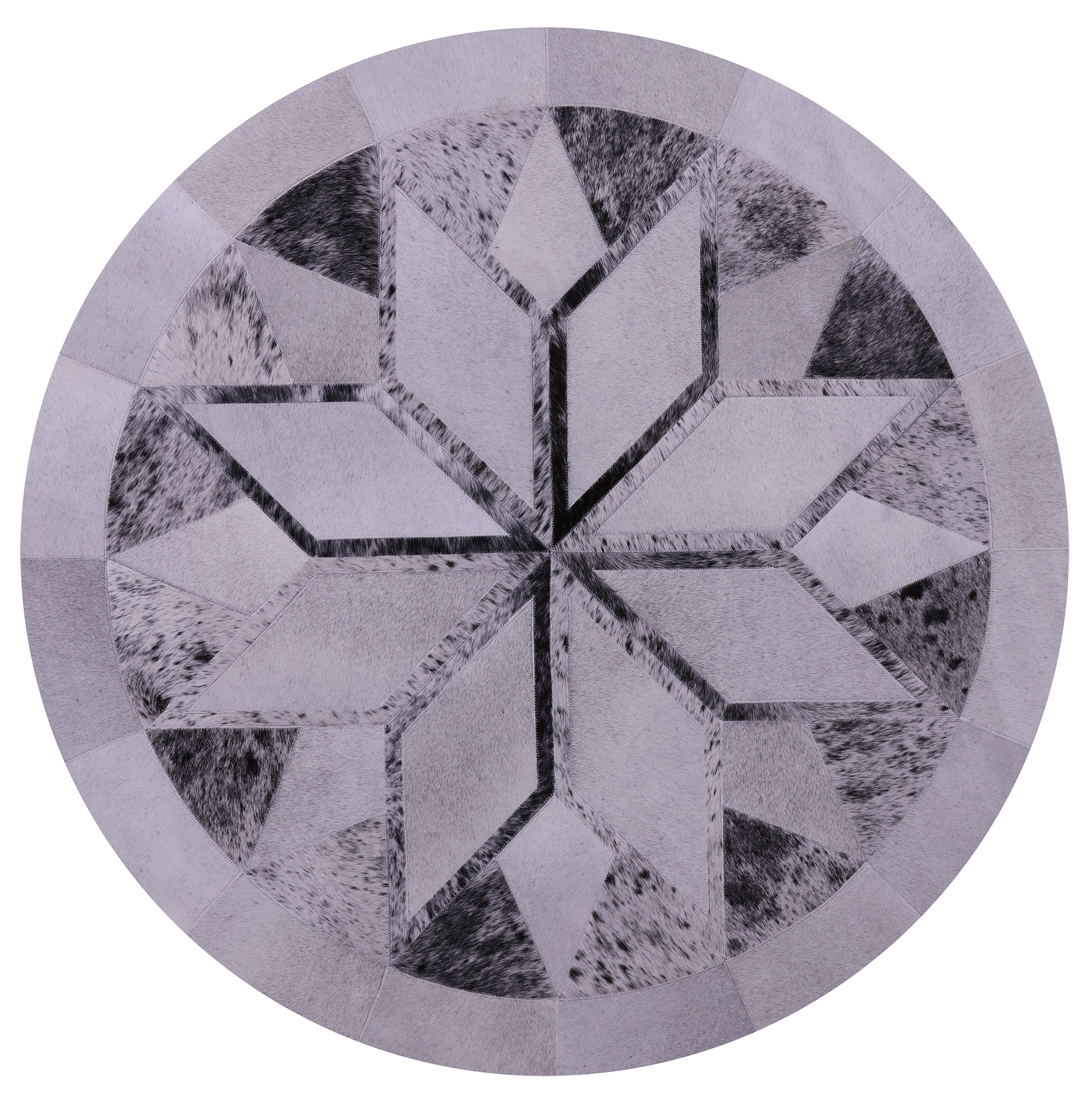 Black Salt & Pepper Round Star Natural Cowhide Hand Stitched Patchwork Rug - 5' 0" X 5' 0" - Golden Nile