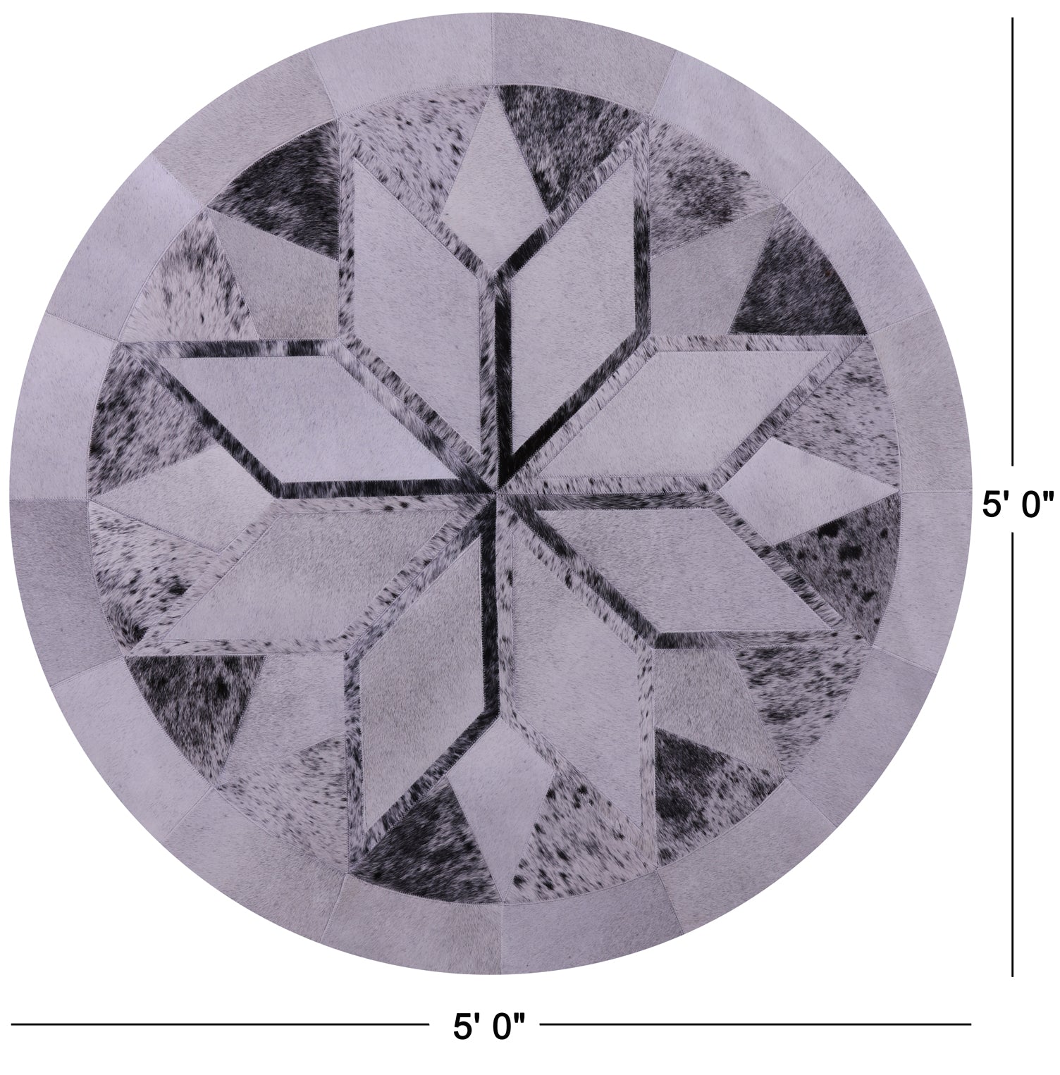 Black Salt & Pepper Round Star Natural Cowhide Hand Stitched Patchwork Rug - 5' 0" X 5' 0" - Golden Nile