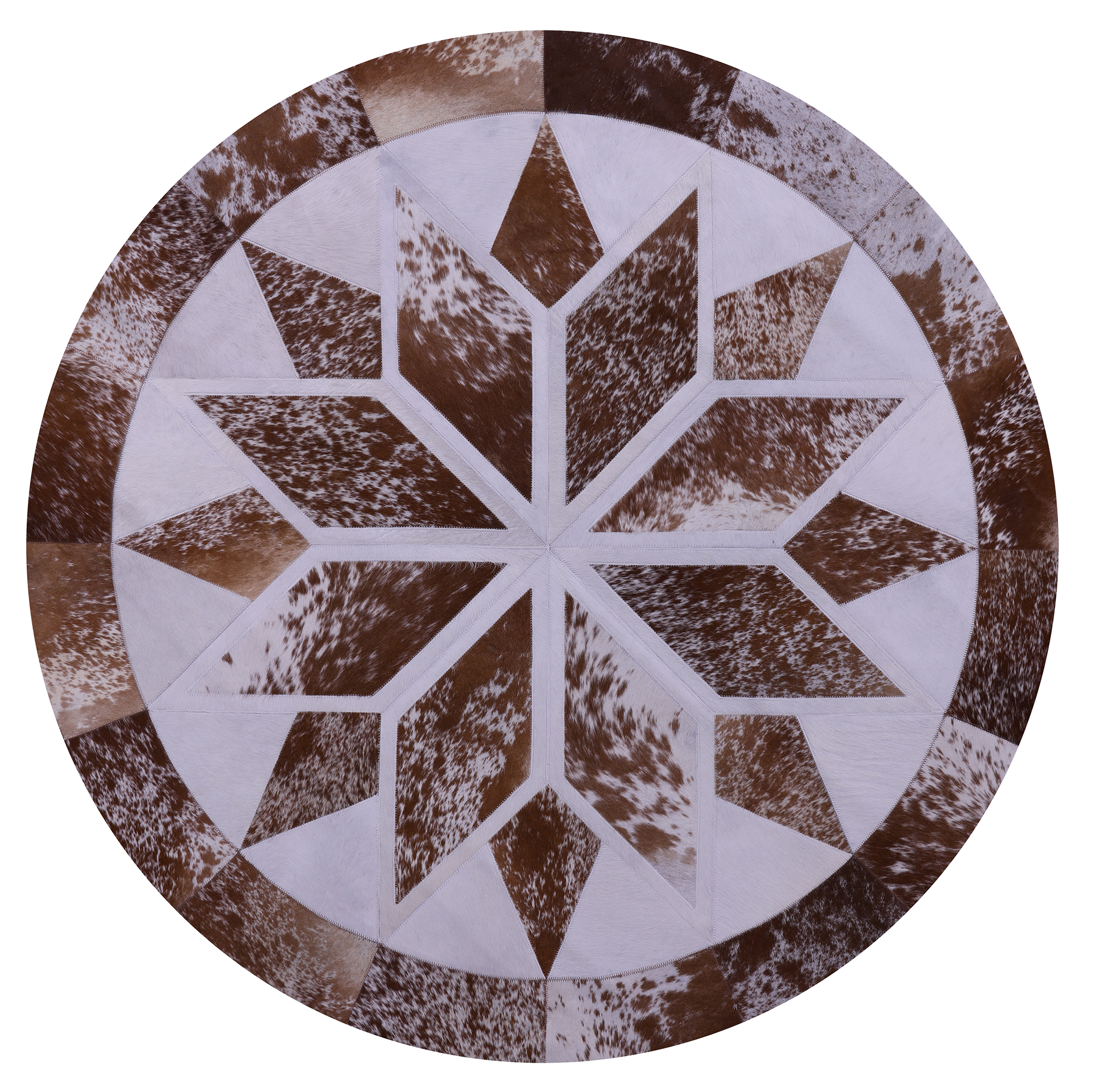 Brown Salt & Pepper Round Star Natural Cowhide Hand Stitched Patchwork Rug - 5' 0" X 5' 0" - Golden Nile