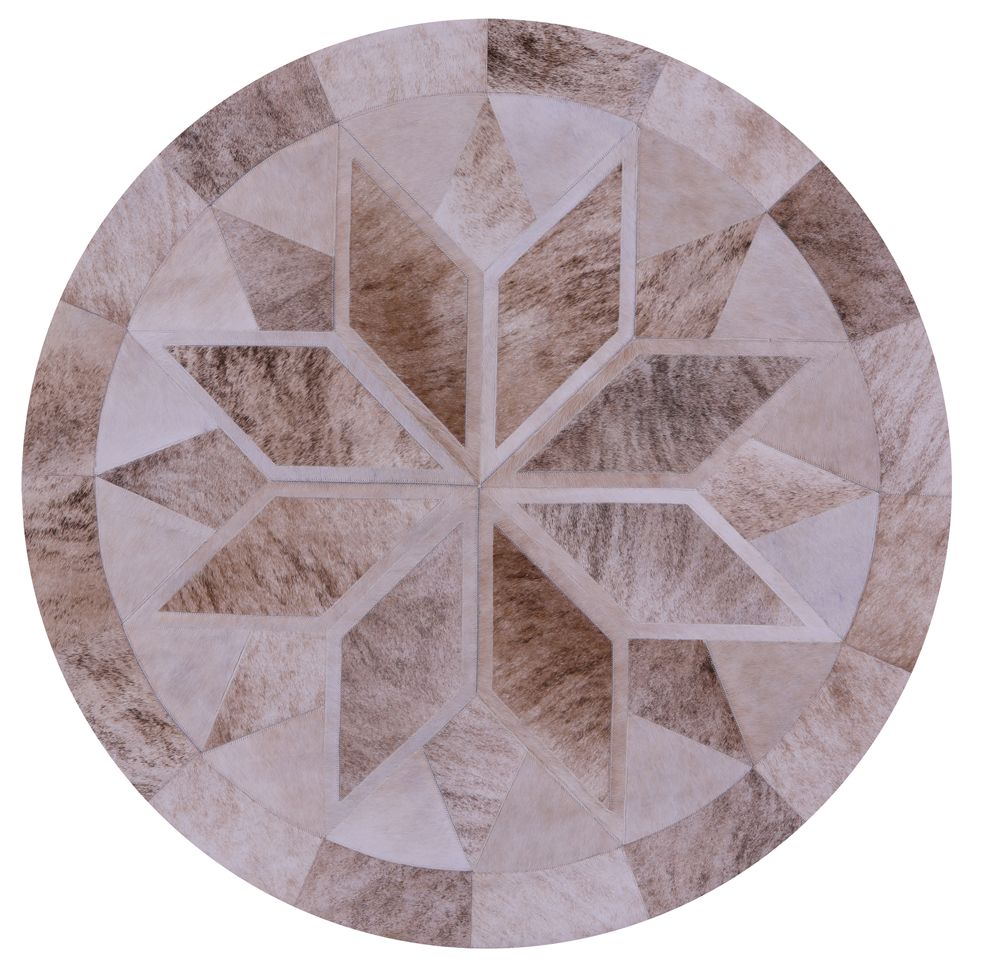 Brown Round Star Natural Cowhide Hand Stitched Patchwork Rug - 5' 0" X 5' 0" - Golden Nile