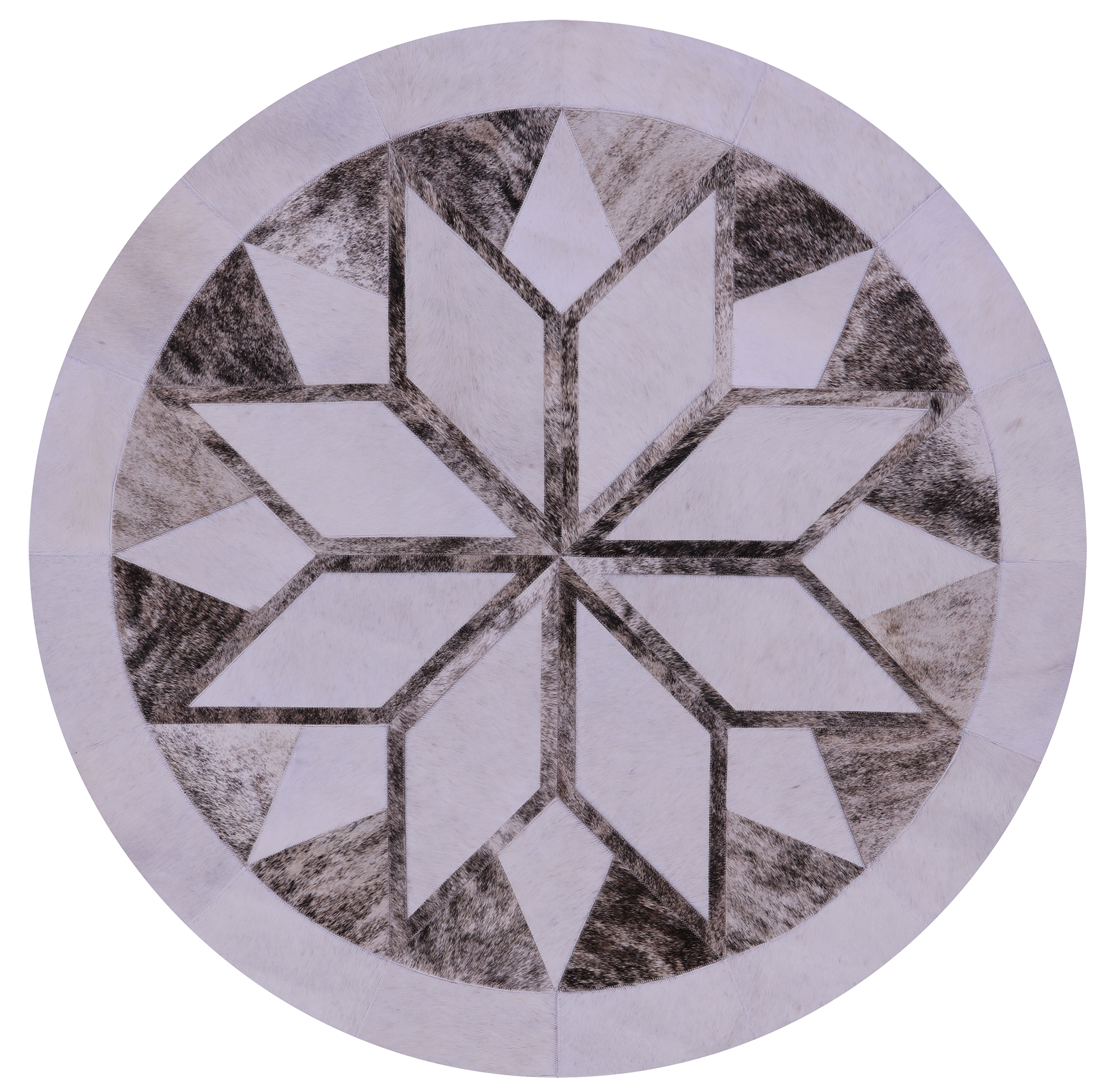 Brown & White Round Star Natural Cowhide Hand Stitched Patchwork Rug - 5' 0" X 5' 0" - Golden Nile