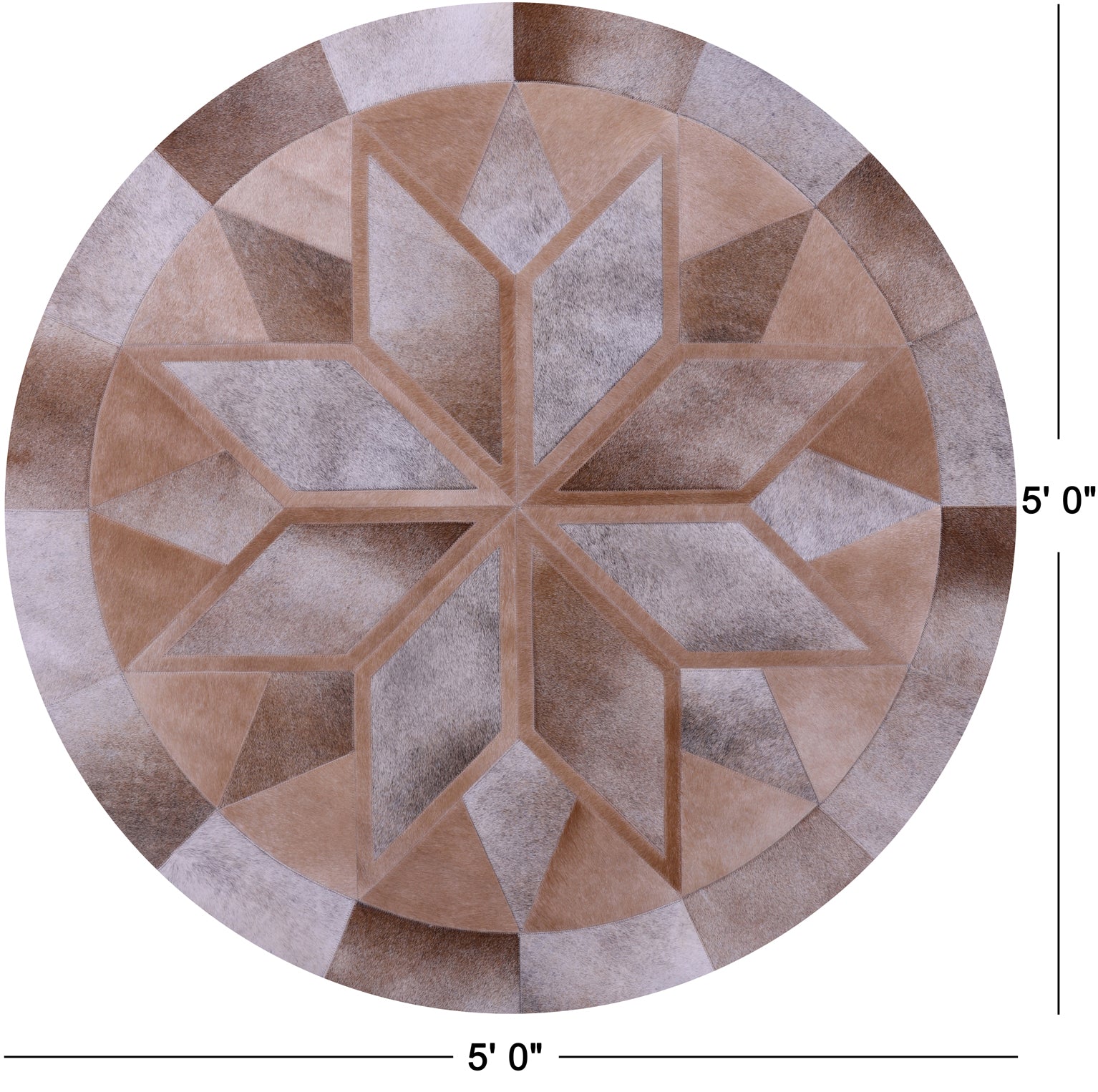 Brown Round Star Natural Cowhide Hand Stitched Patchwork Rug - 5' 0" X 5' 0" - Golden Nile