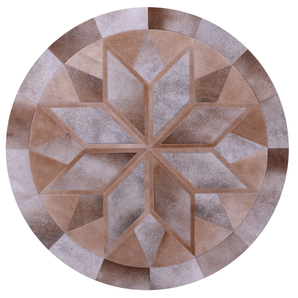Brown Round Star Natural Cowhide Hand Stitched Patchwork Rug - 5' 0" X 5' 0" - Golden Nile