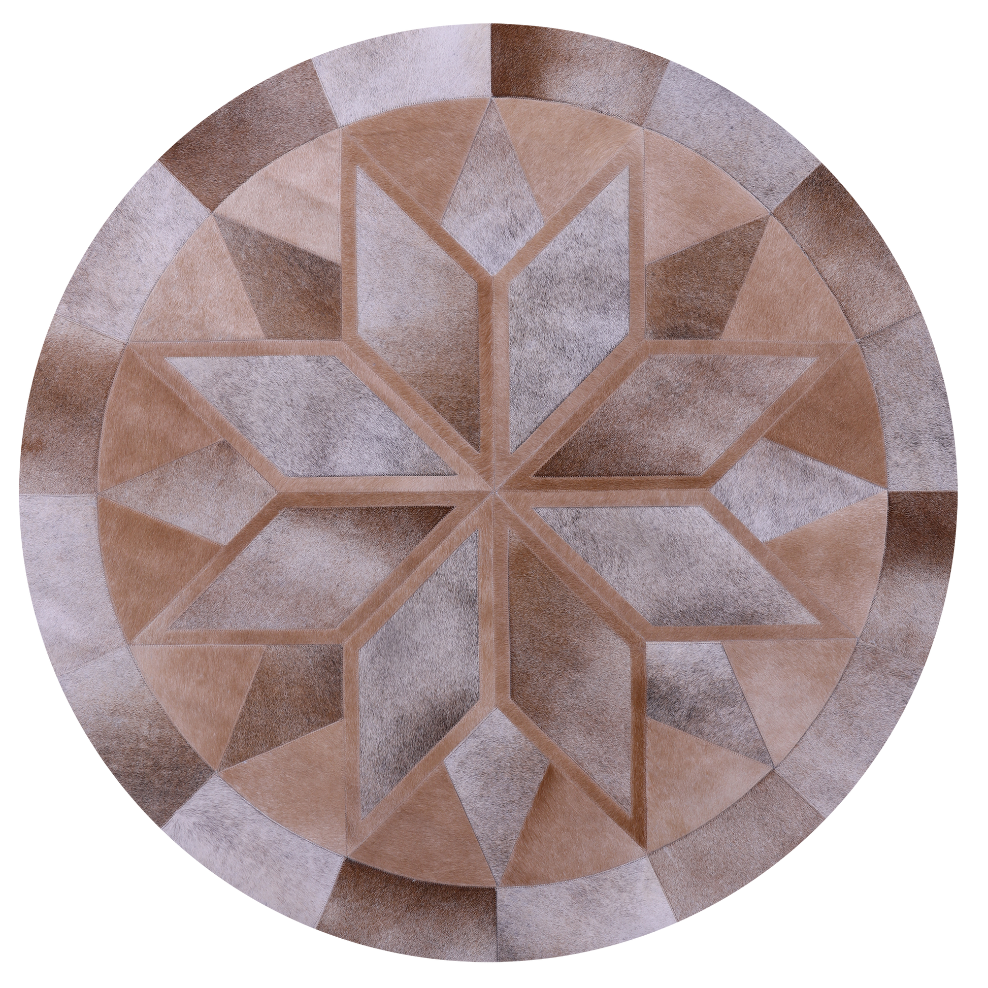Brown Round Star Natural Cowhide Hand Stitched Patchwork Rug - 5' 0" X 5' 0" - Golden Nile
