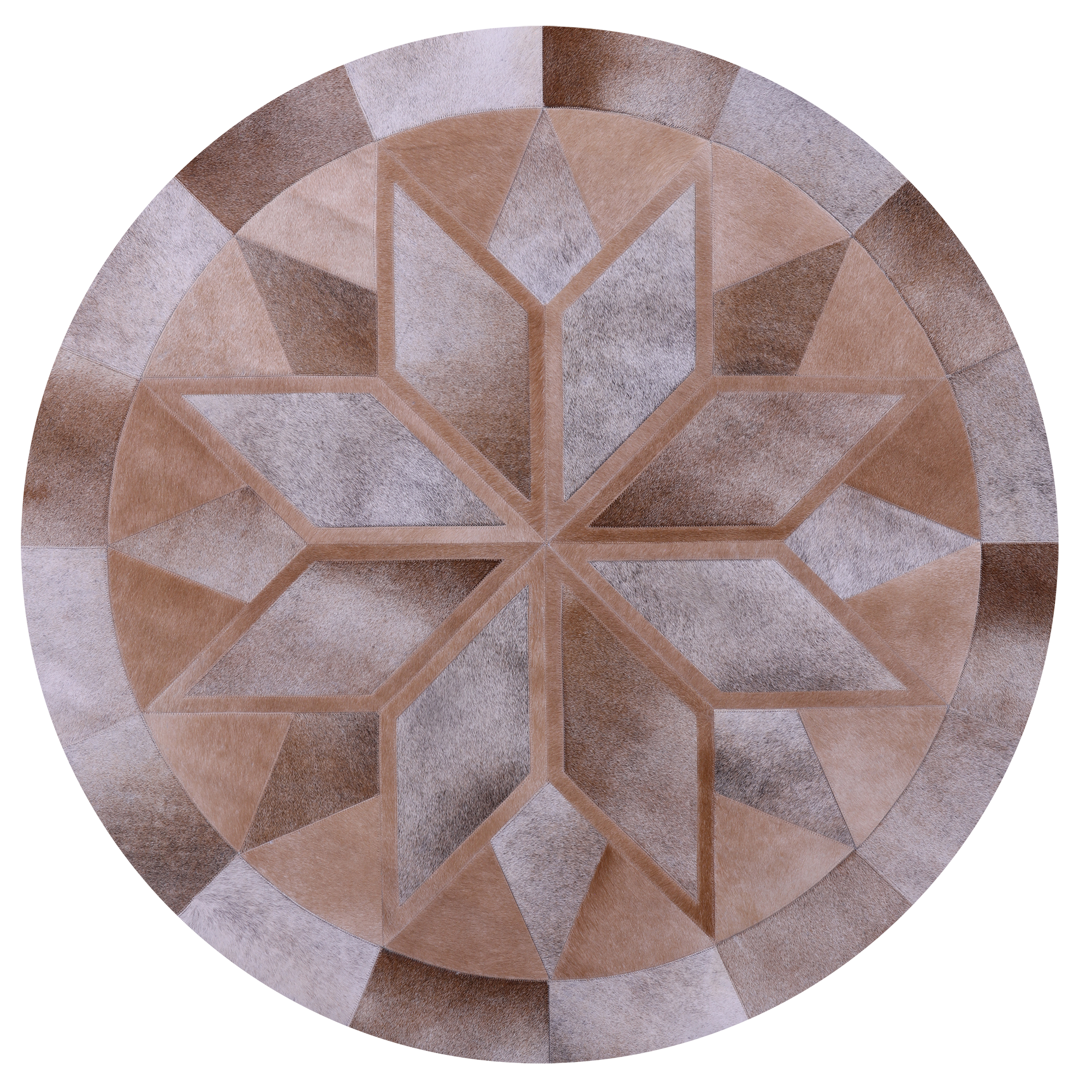 Brown Round Star Natural Cowhide Hand Stitched Patchwork Rug - 5' 0" X 5' 0" - Golden Nile