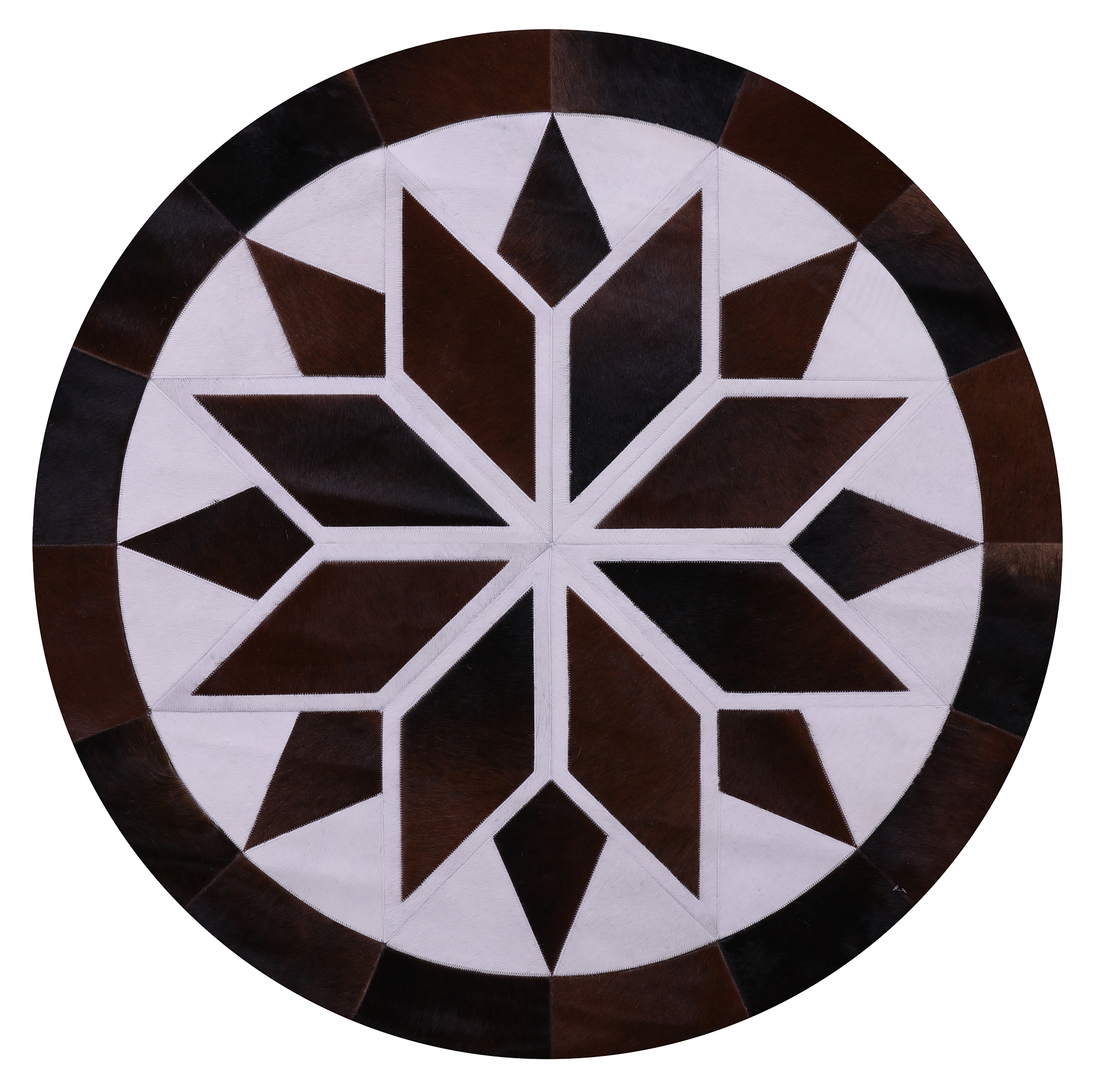 Brown & White Round Star Natural Cowhide Hand Stitched Patchwork Rug - 5' 0" X 5' 0" - Golden Nile