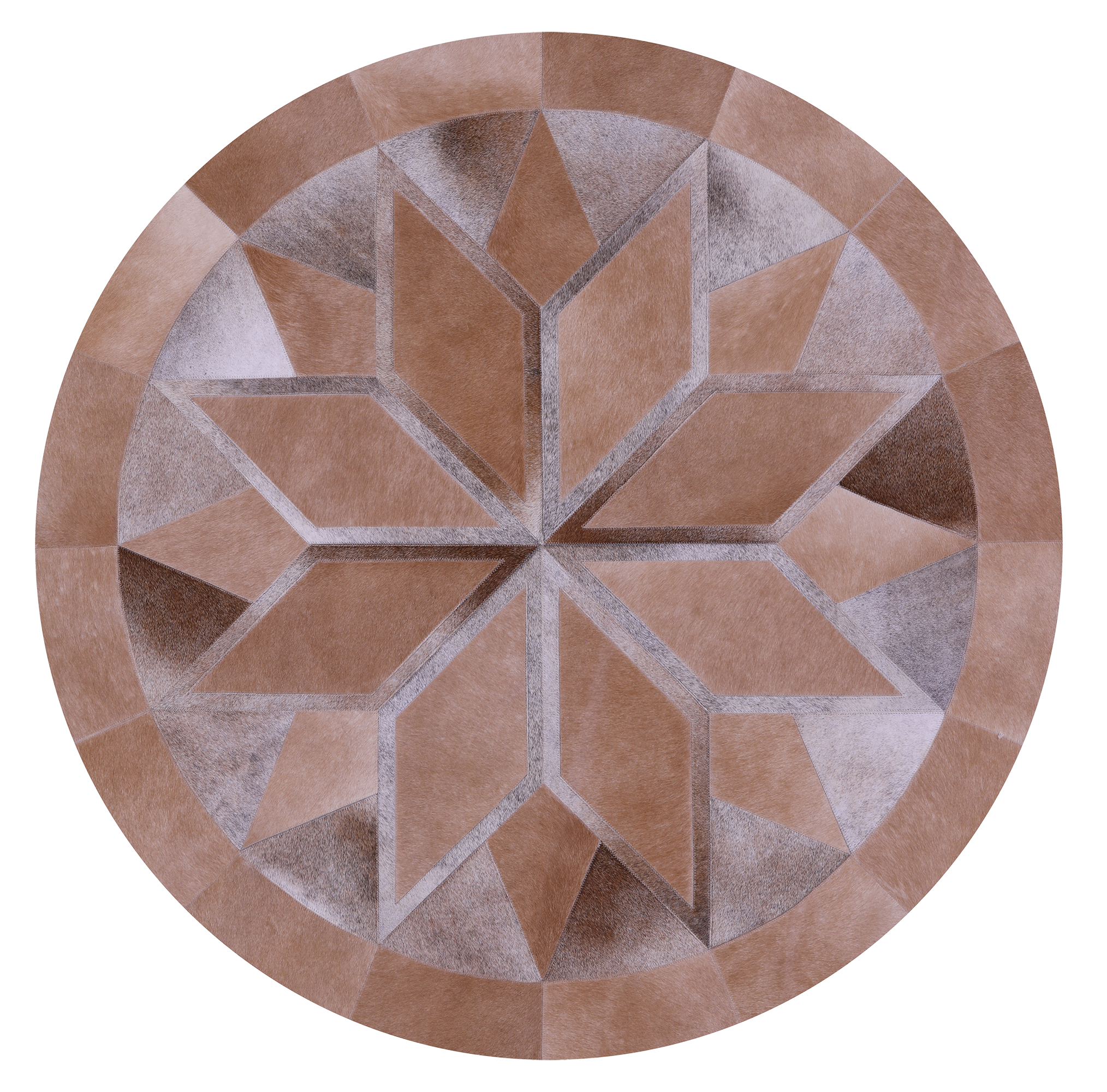 Brown Round Star Natural Cowhide Hand Stitched Patchwork Rug - 5' 0" X 5' 0" - Golden Nile