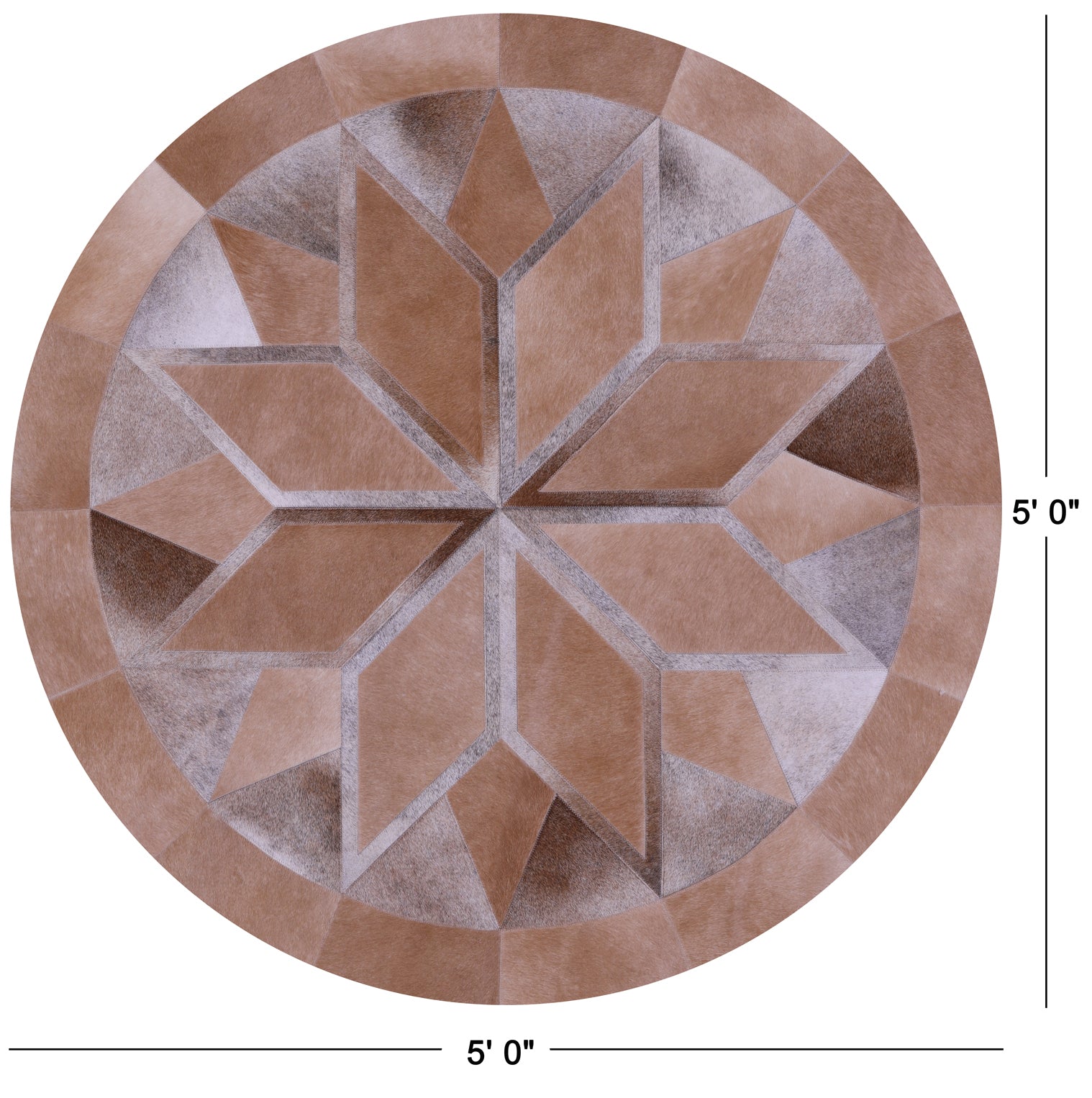 Brown Round Star Natural Cowhide Hand Stitched Patchwork Rug - 5' 0" X 5' 0" - Golden Nile
