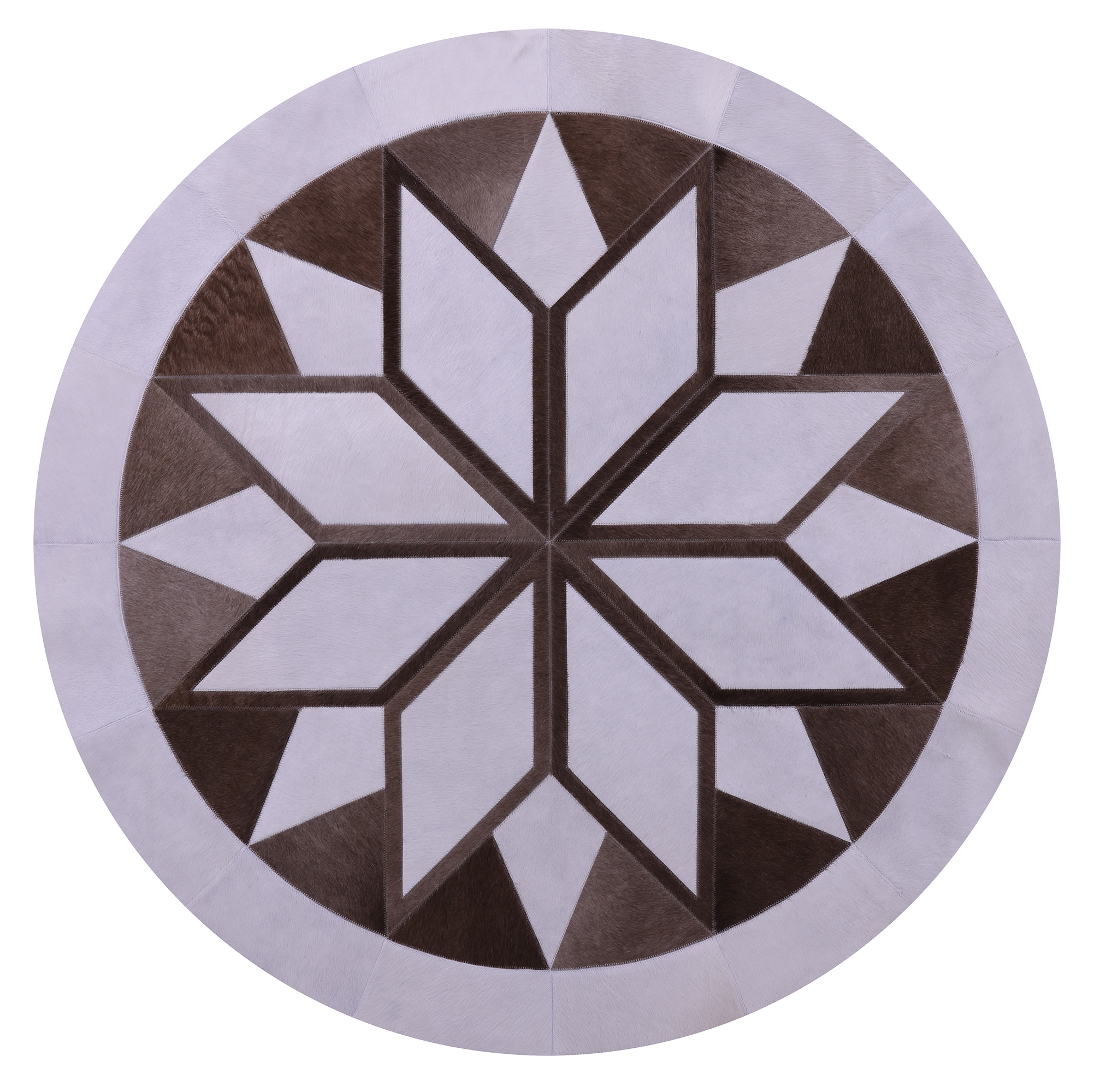 Brown & White Round Star Natural Cowhide Hand Stitched Patchwork Rug - 5' 0" X 5' 0" - Golden Nile