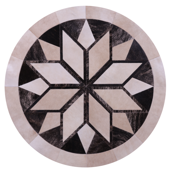 Brown Round Star Natural Cowhide Hand Stitched Patchwork Rug - 5' 0" X 5' 0" - Golden Nile