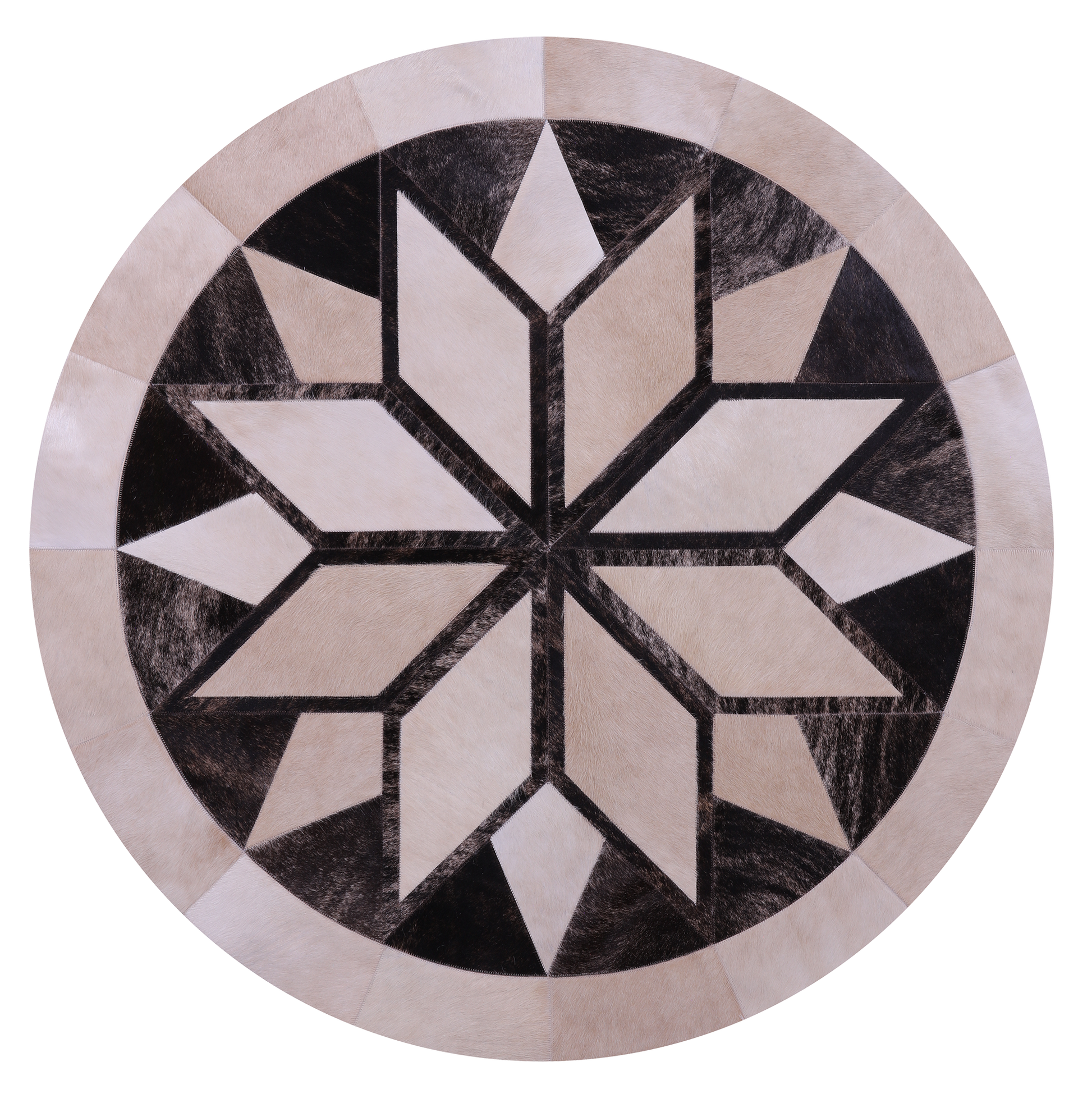 Brown Round Star Natural Cowhide Hand Stitched Patchwork Rug - 5' 0" X 5' 0" - Golden Nile