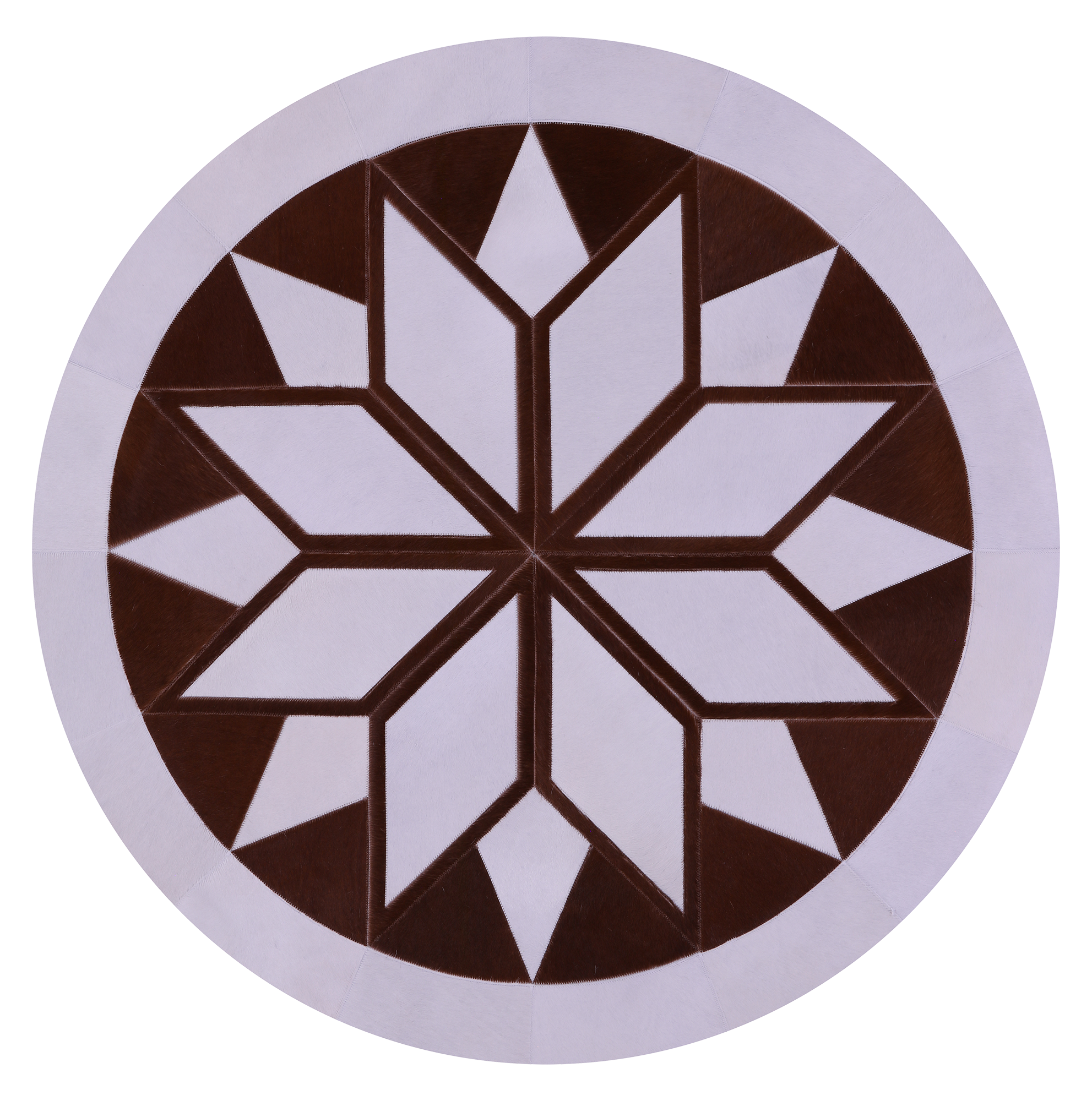 Brown & White Round Star Natural Cowhide Hand Stitched Patchwork Rug - 5' 0" X 5' 0" - Golden Nile