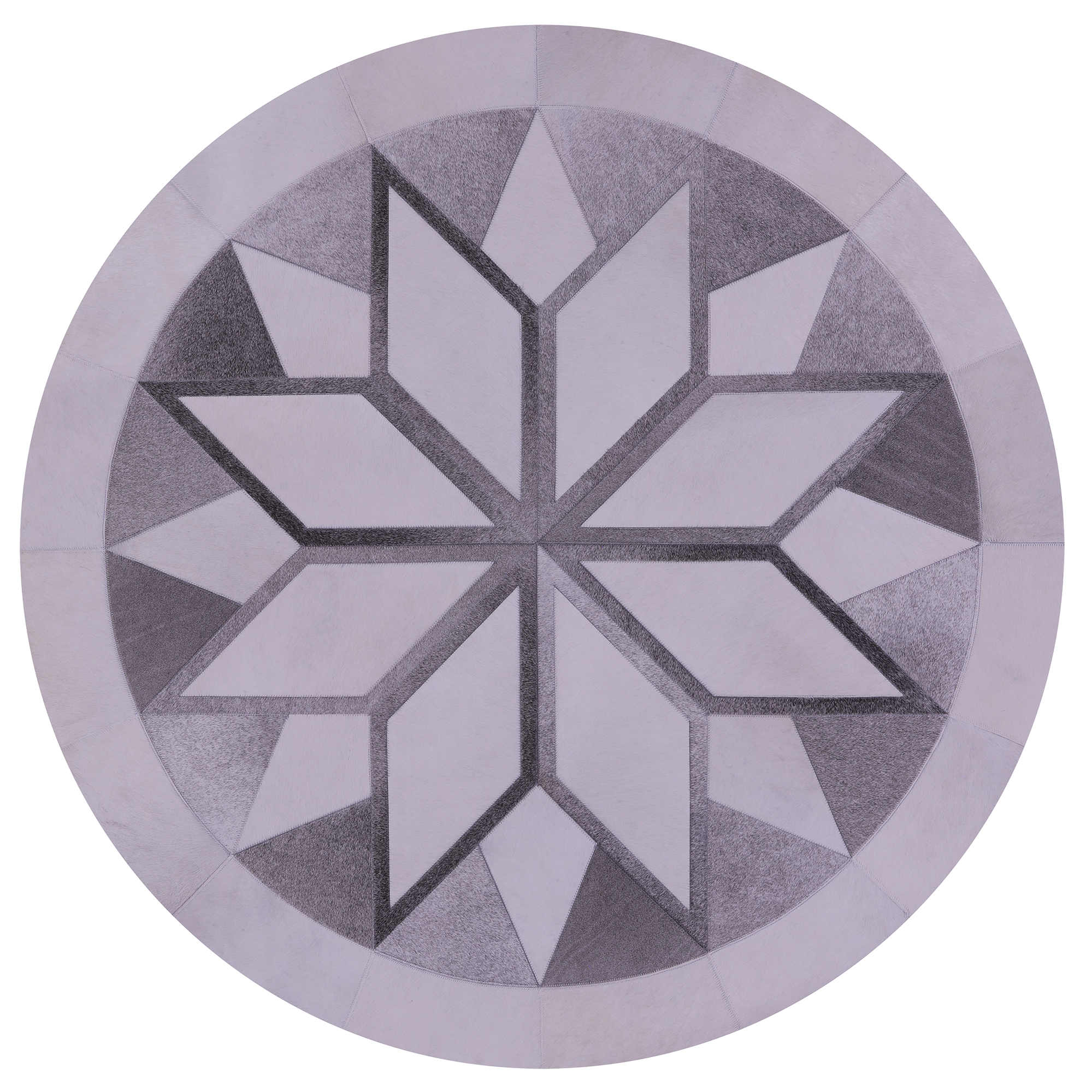 Grey & White Round Star Natural Cowhide Hand Stitched Patchwork Rug - 5' 0" X 5' 0" - Golden Nile