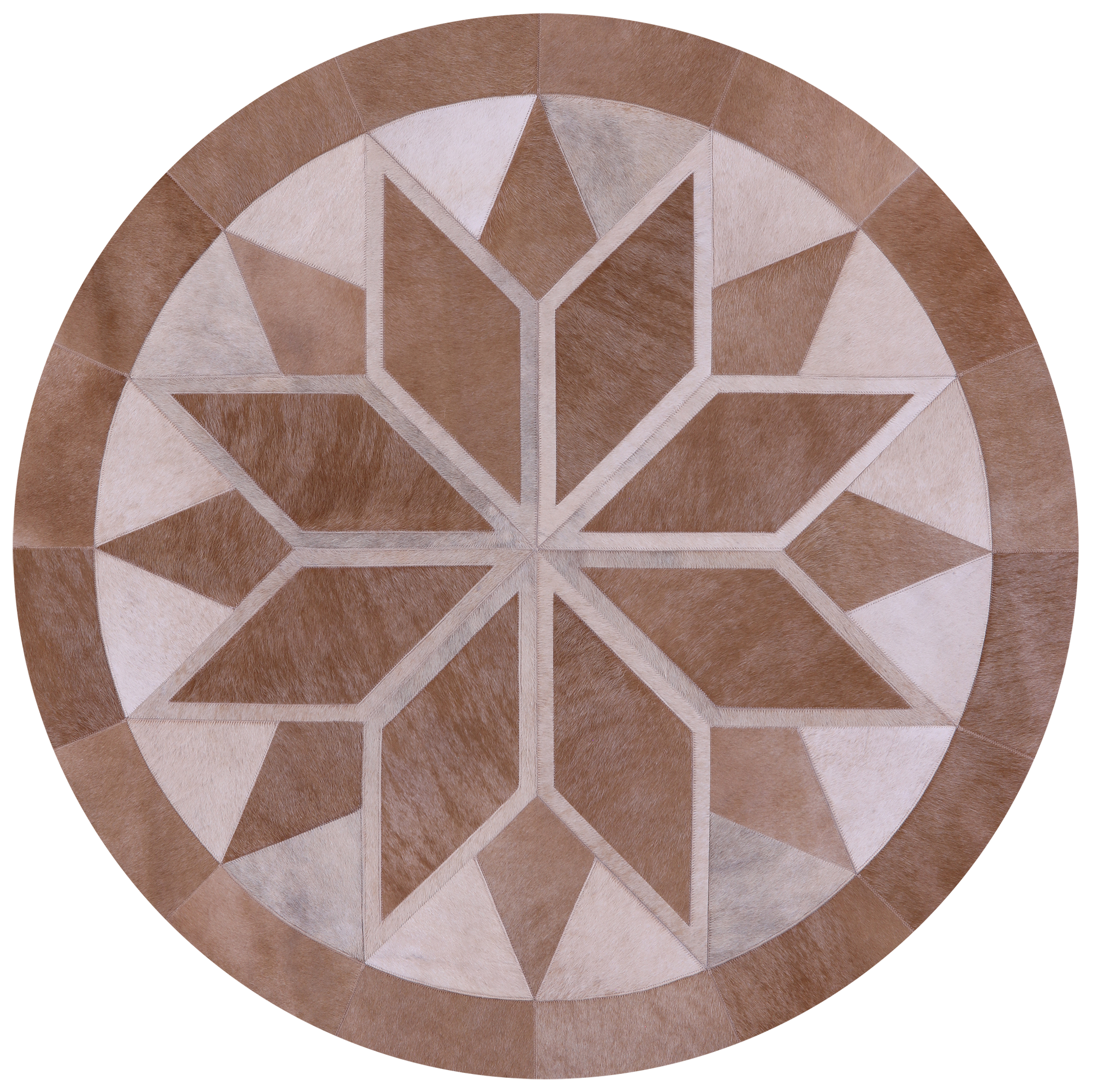 Brown Round Star Natural Cowhide Hand Stitched Patchwork Rug - 5' 0" X 5' 0" - Golden Nile