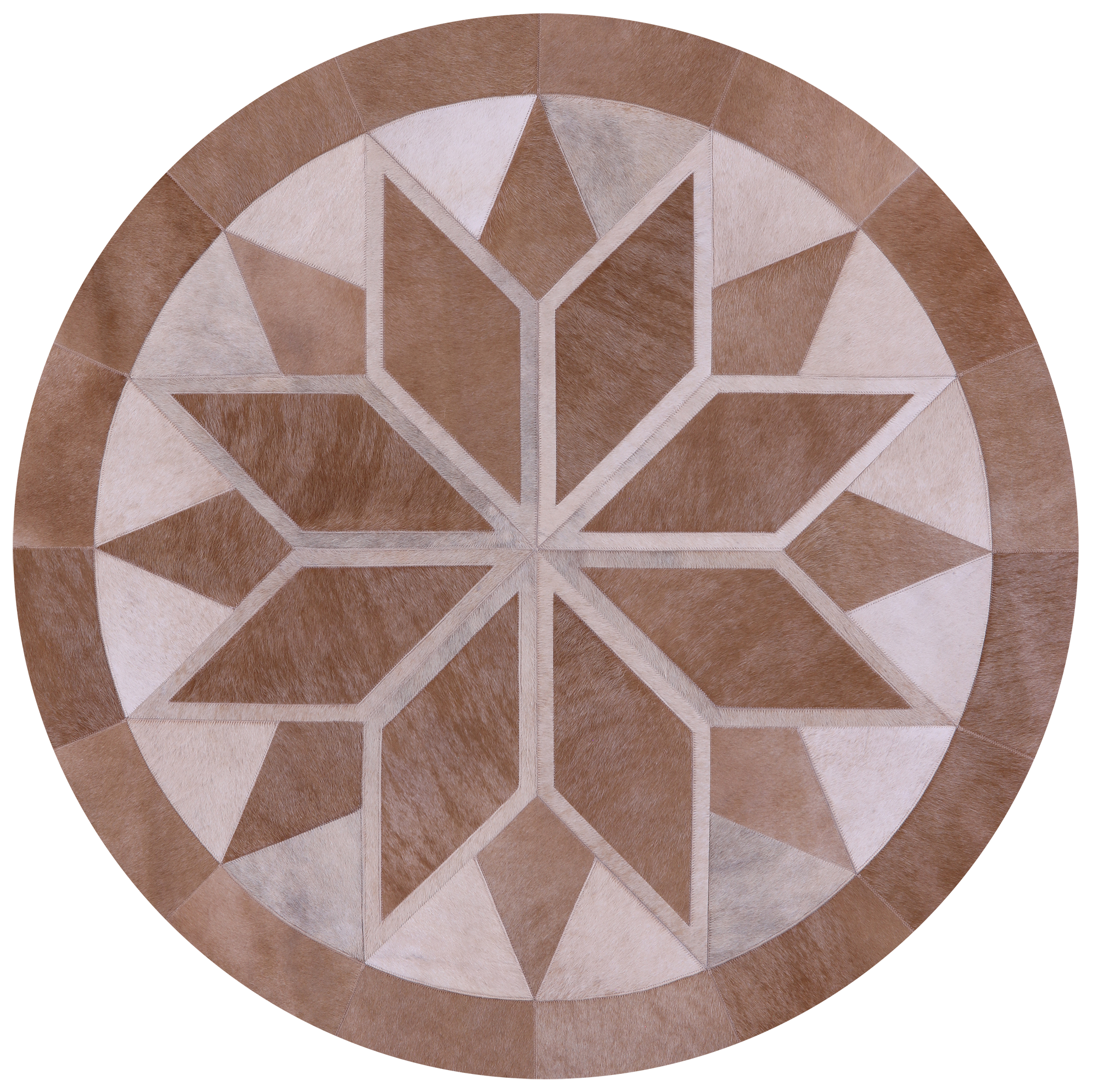 Brown Round Star Natural Cowhide Hand Stitched Patchwork Rug - 5' 0" X 5' 0" - Golden Nile