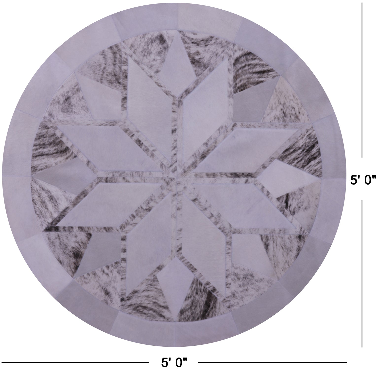 White Brindle Round Star Natural Cowhide Hand Stitched Patchwork Rug - 5' 0" X 5' 0" - Golden Nile