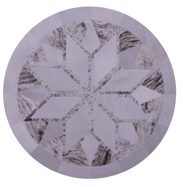 White Brindle Round Star Natural Cowhide Hand Stitched Patchwork Rug - 5' 0" X 5' 0" - Golden Nile