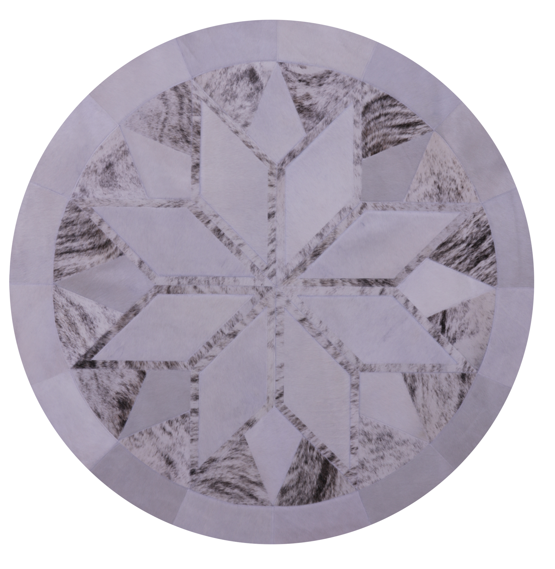 White Brindle Round Star Natural Cowhide Hand Stitched Patchwork Rug - 5' 0" X 5' 0" - Golden Nile