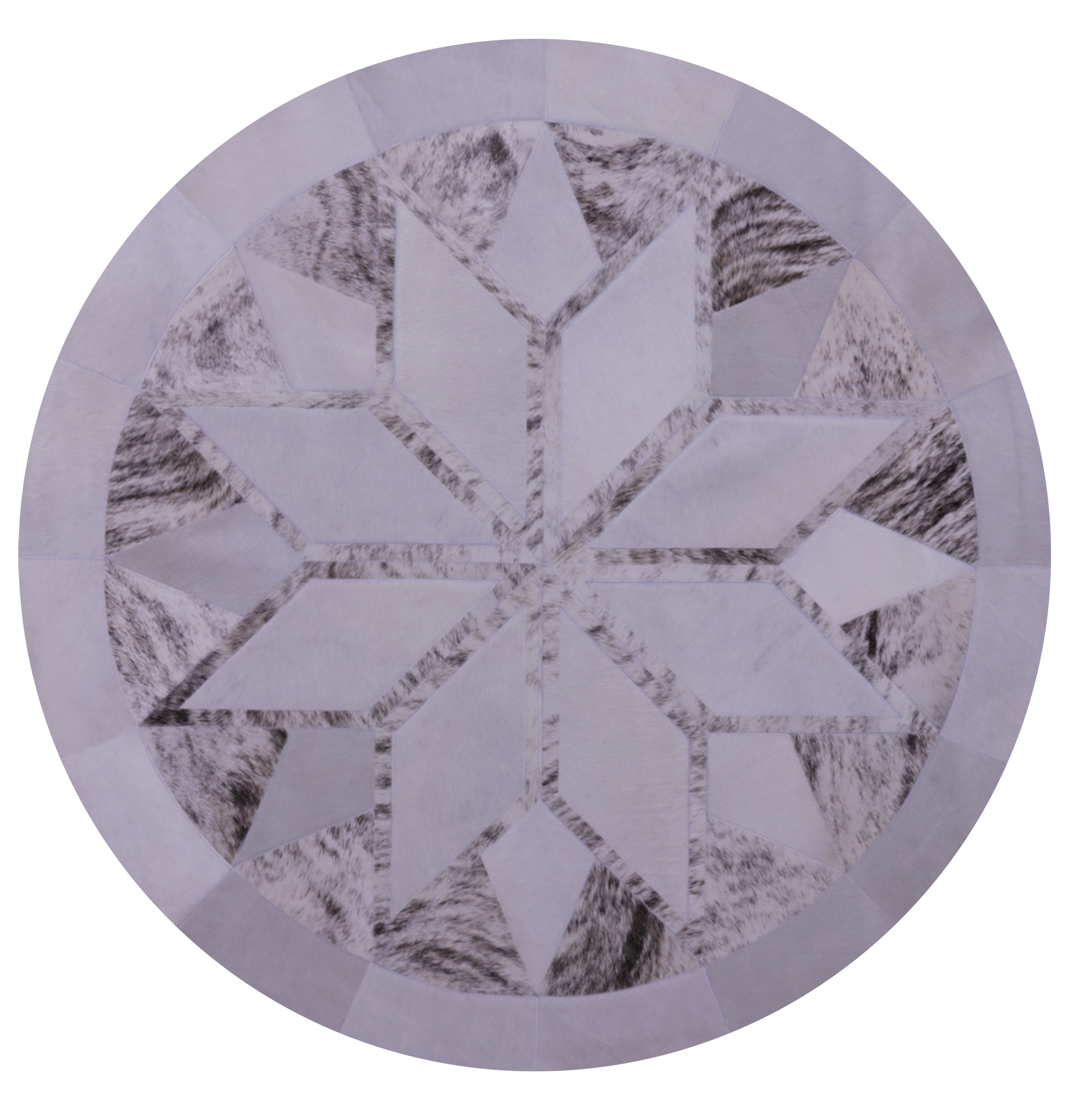 White Brindle Round Star Natural Cowhide Hand Stitched Patchwork Rug - 5' 0" X 5' 0" - Golden Nile