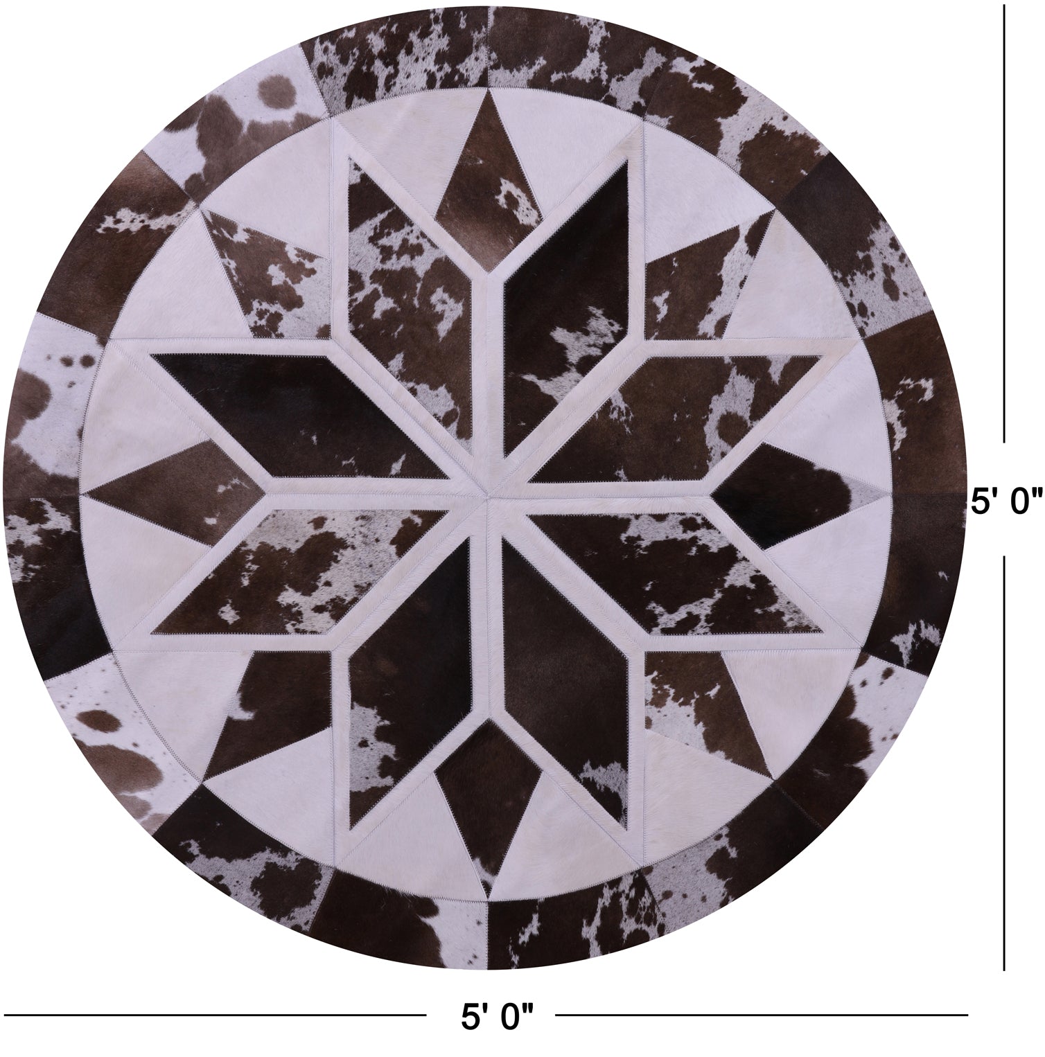Brown & White Round Star Natural Cowhide Hand Stitched Patchwork Rug - 5' 0" X 5' 0" - Golden Nile