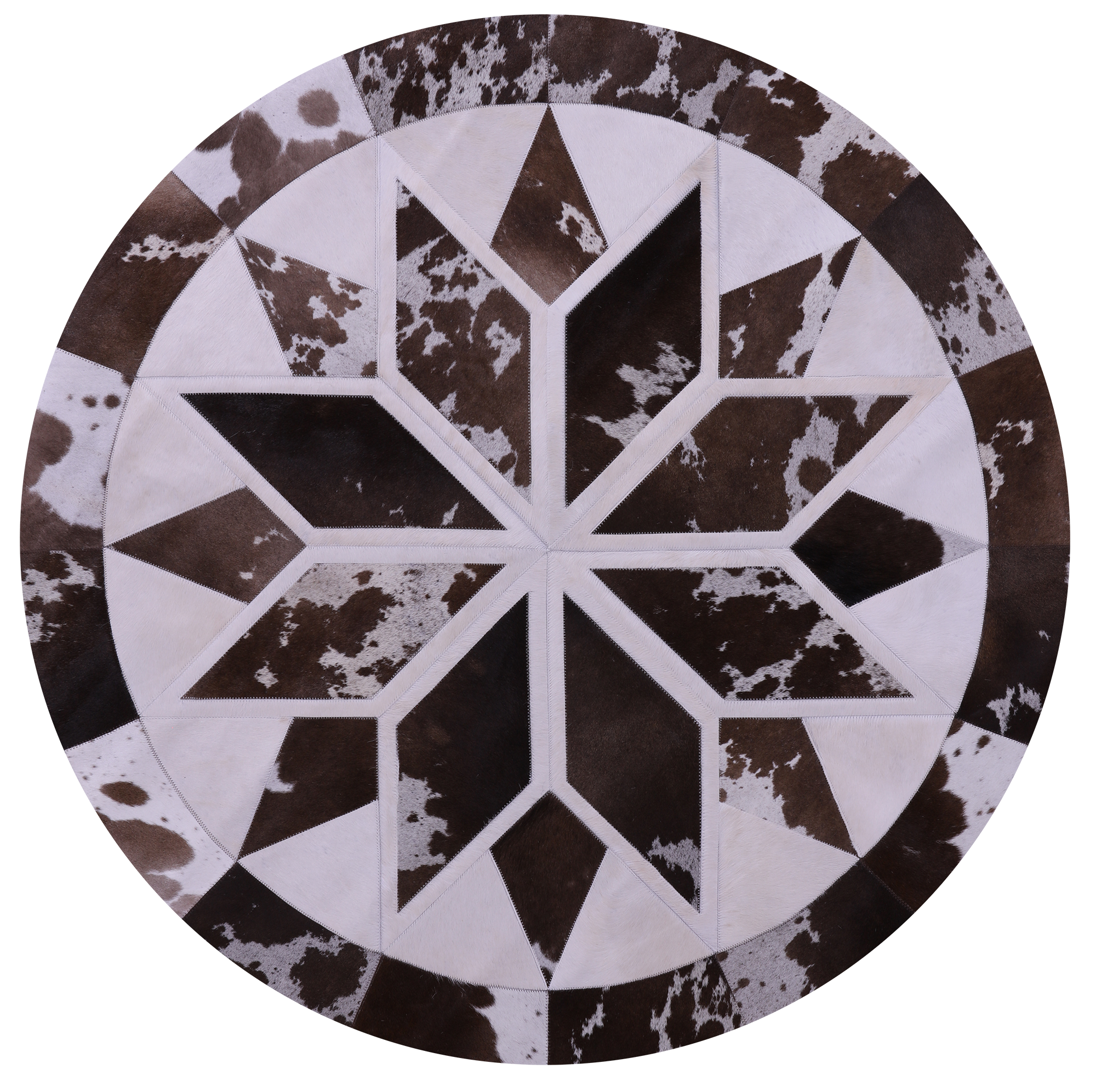 Brown & White Round Star Natural Cowhide Hand Stitched Patchwork Rug - 5' 0" X 5' 0" - Golden Nile