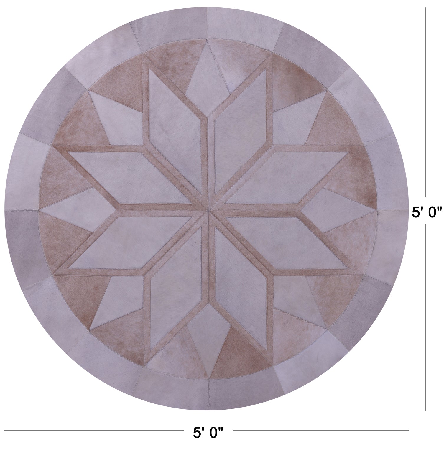 Brown Round Star Natural Cowhide Hand Stitched Patchwork Rug - 5' 0" X 5' 0" - Golden Nile