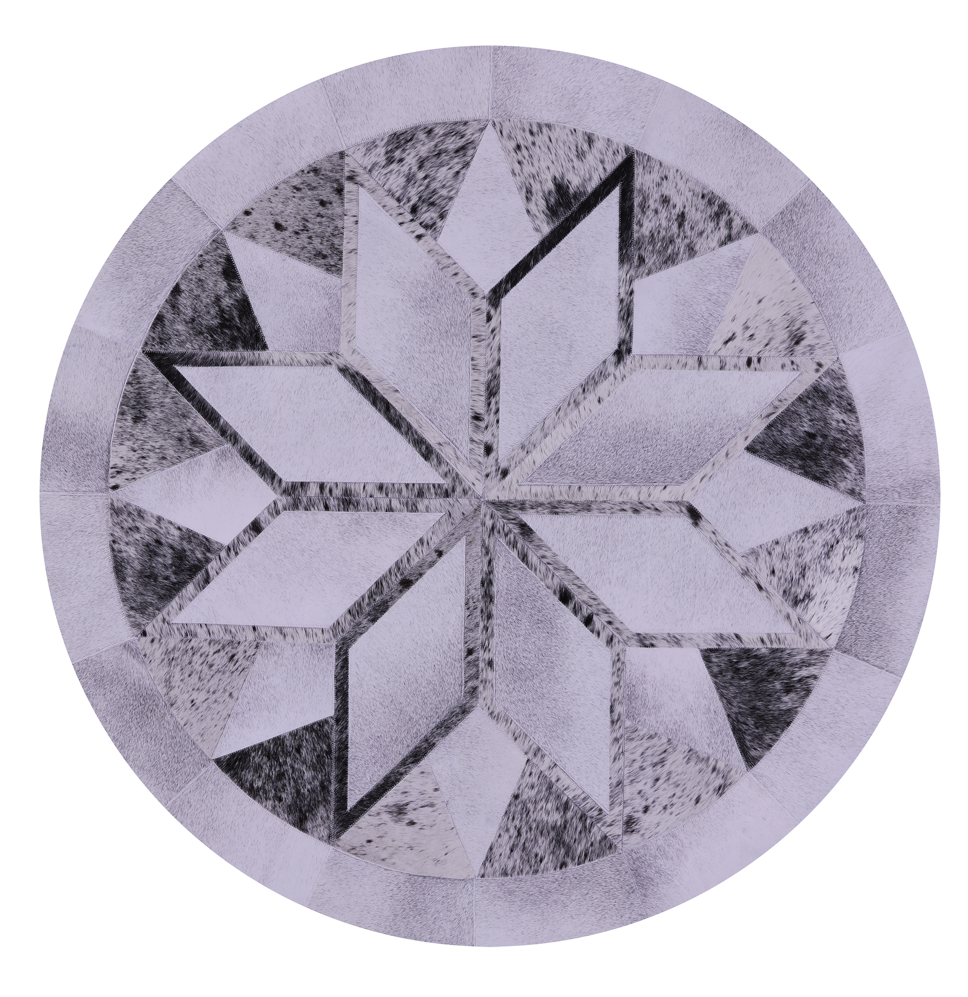 Grey Round Star Salt & Pepper Natural Cowhide Hand Stitched Patchwork Rug - 5' 0" X 5' 0" - Golden Nile